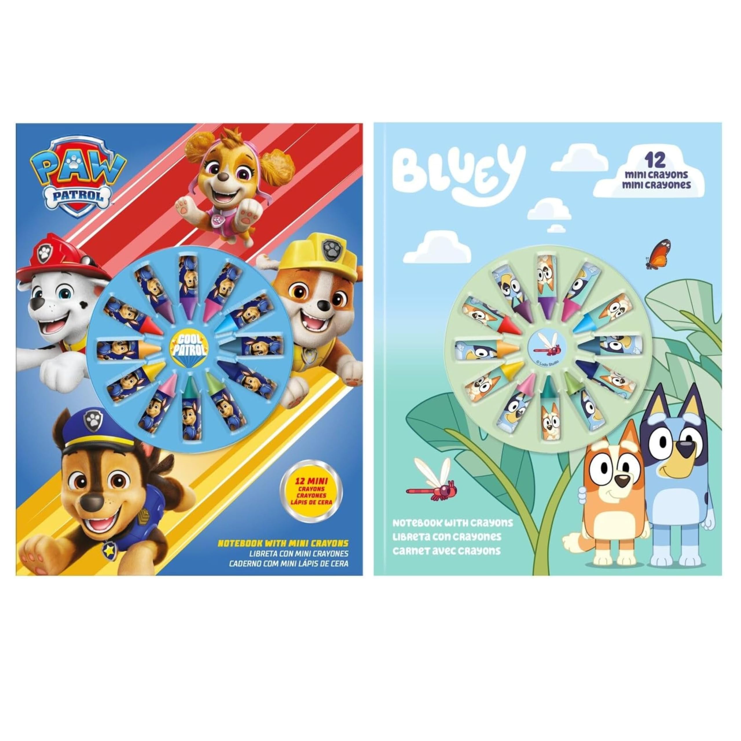 26Pcs Kids Colouring & Drawing Set, A4 Notebooks with 24 Mini Crayons, Paw Patrol and Bluey Travel-Friendly Stationery Crayon Kit, Girls Boys Gift Kids Colouring Activity Set 28cm