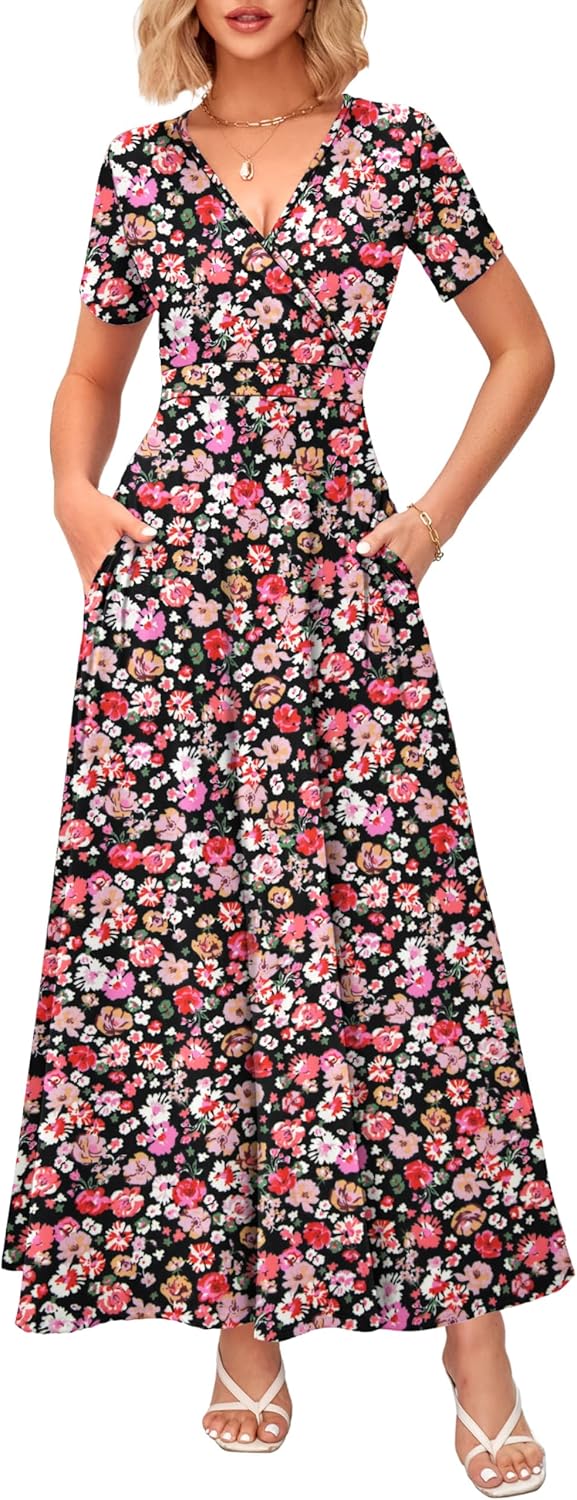WNEEDU Women's Summer Maxi Dress Short Sleeves Wrap V Neck Long Dresses with Pockets