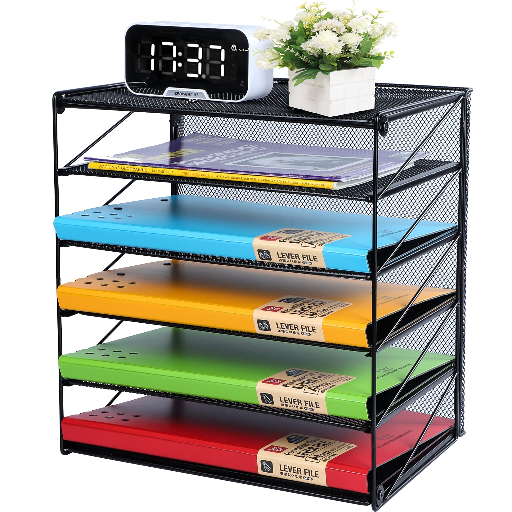 6 Tier Paper Organizer Letter Tray, Mesh Desk File Organizer with Shelves and Sorter, Black