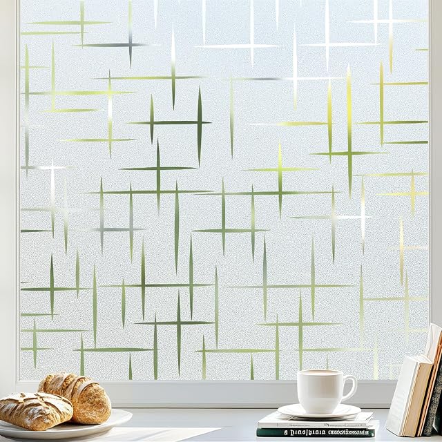 rabbitgoo Frosted Window Privacy Film, Cross Pattern, No Glue, 17.5"x78.7" | Frosted Effect, Decorative Cover, Privacy Protection, UV Blocking, Static Cling, Easy to Apply, for Home, Door, Bathroom