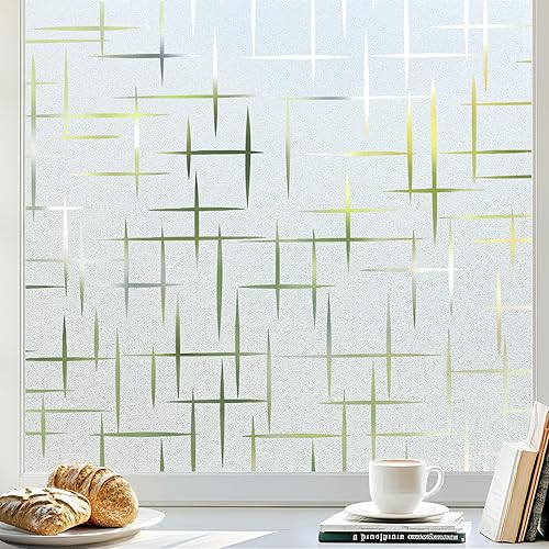 rabbitgoo Window Privacy Film Frosted Glass Window Film, Decorative Privacy Cling, UV Blocking Staic Cling Bathroom Glass Frosting Sticker, Non-Adhesive Front Door Cover, Cross Pattern, 17.5" x 78.7"