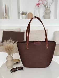 Amazon.com: Brown Woven Tote Bag for Women with Genuine Leather