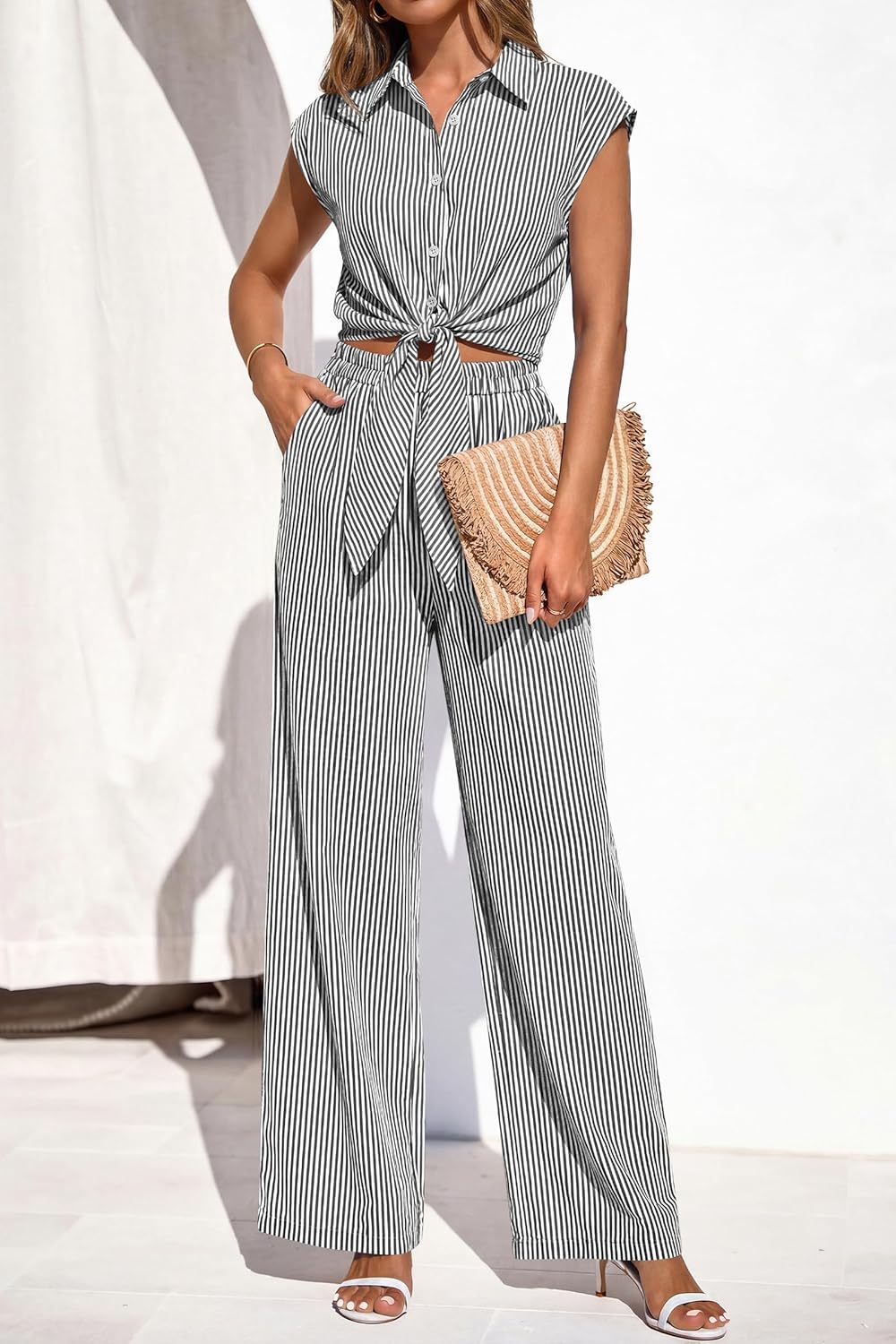 PRETTYGARDEN 2 Piece Sets For Women Summer Striped Button Down Tie Front Crop Tops Wide Leg Pants Floral Lounge Set 2026