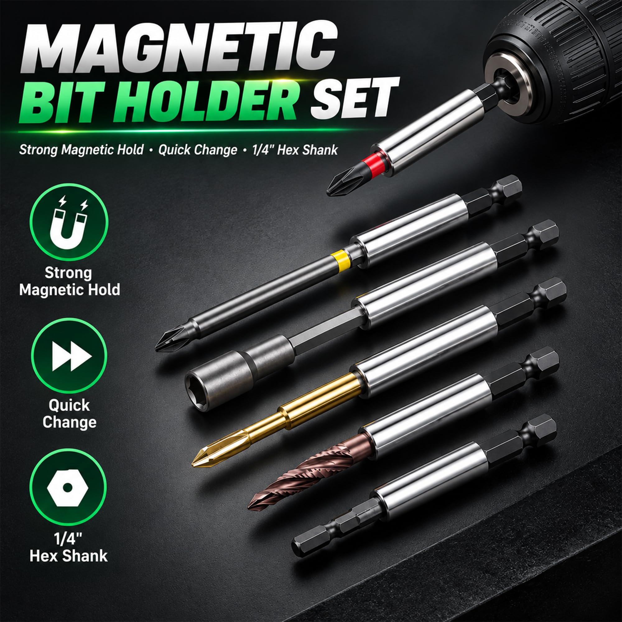 Magnetic Bit Holder Set - 5 Pack 1/4 Inch -4 Magnetic Bit Holder Set - 5 Pack 1/4 Inch -4
