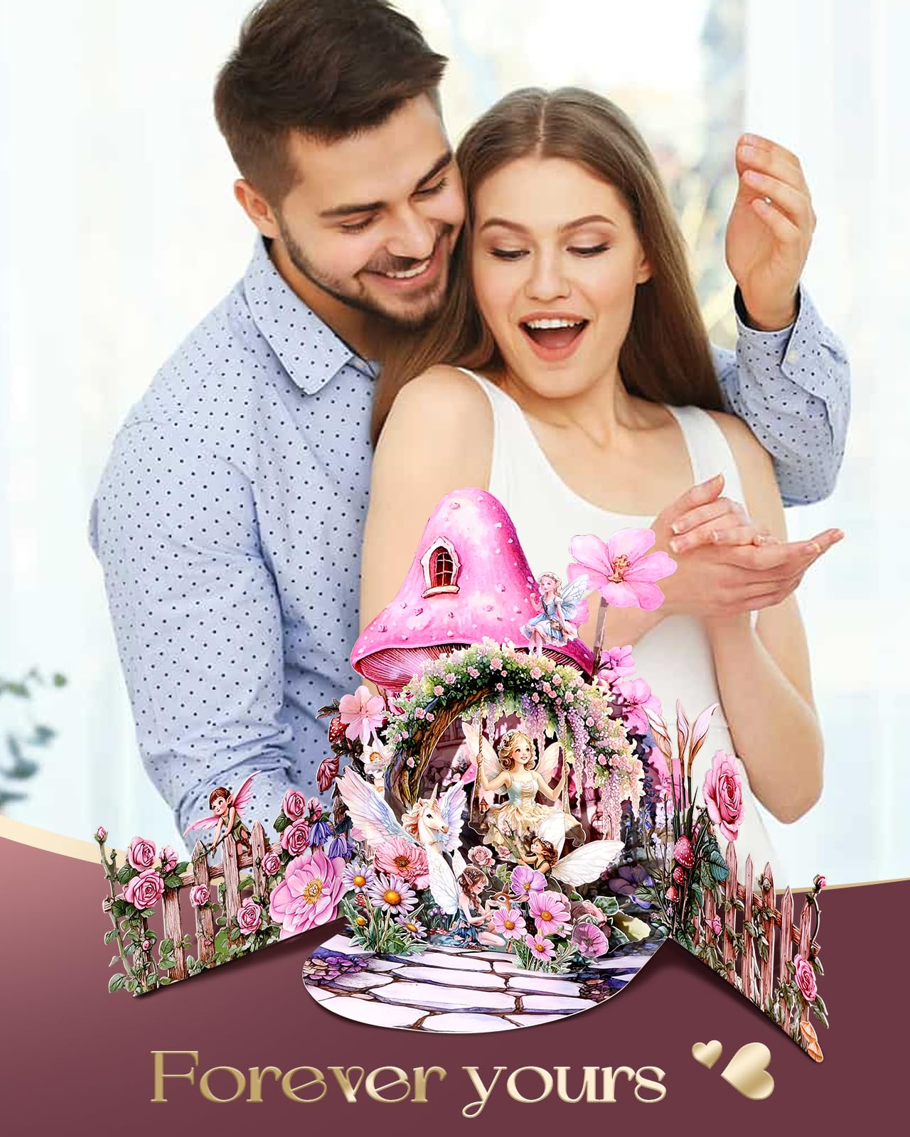 Tarjeta desplegable para el día de San Valentín, diseño de casa de hongos y unicornio de hadas, tarjetas de San Valentín 3D con sobres, tarjeta de felicitación romántica para él, su marido,
