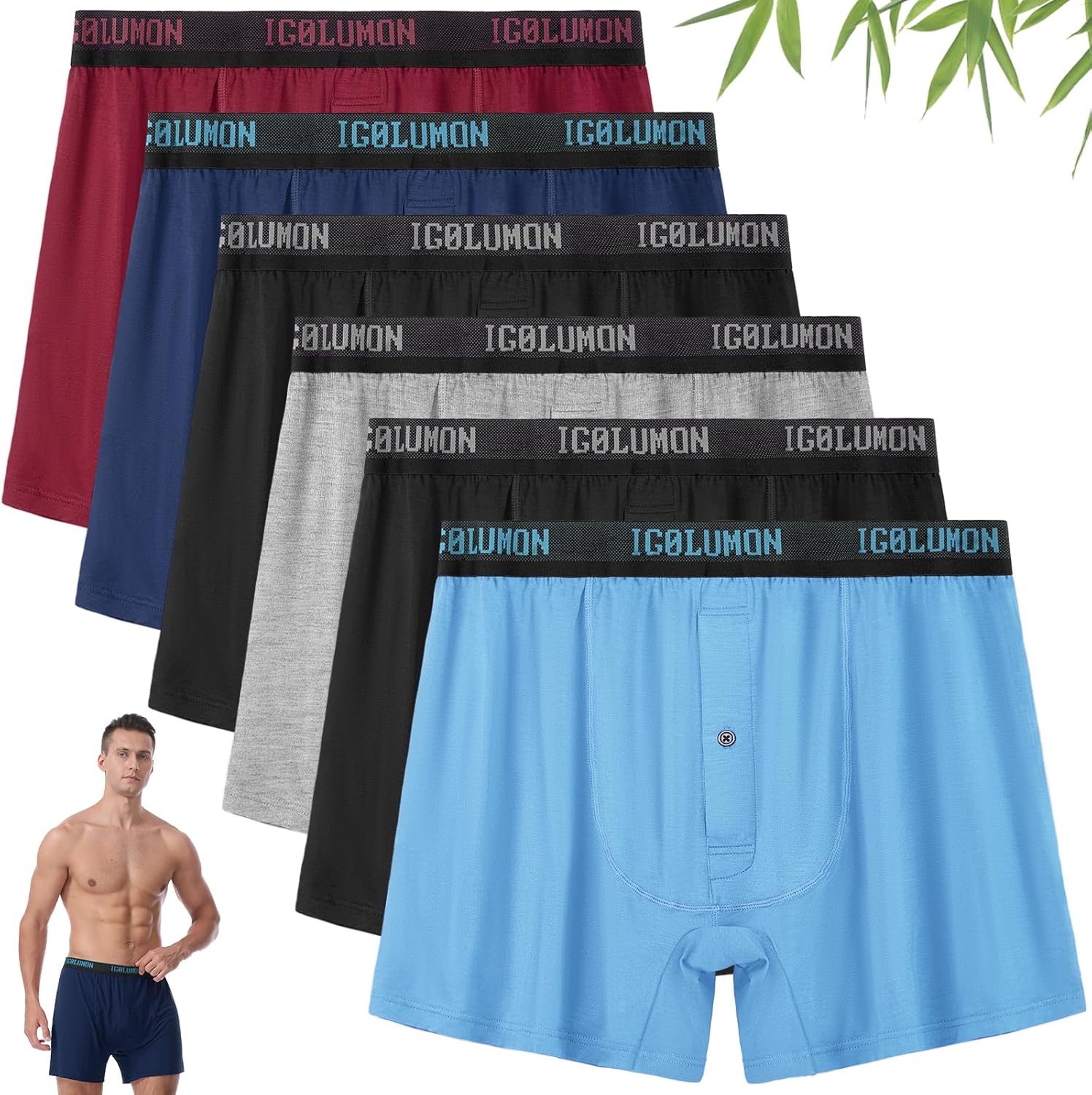 IGOLUMON Mens Underwear, Relaxed Fit Boxer Shorts 6 Pack, Bamboo Rayon Boxers for Men, Classic Boxer Shorts Button Fly