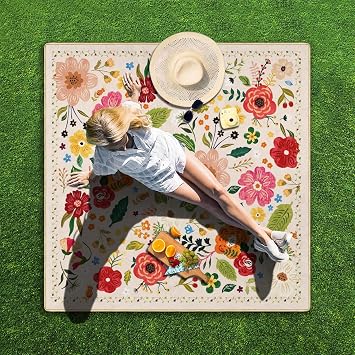 Picnic Blankets Waterproof Foldable Extra Large,80x 80 Outdoor Beach Blanket Sandproof,3-Layer Lightweight Handy Mat Tote Picnic Camping Rugs for Outside Your Rv (Boho Vintage Floral)