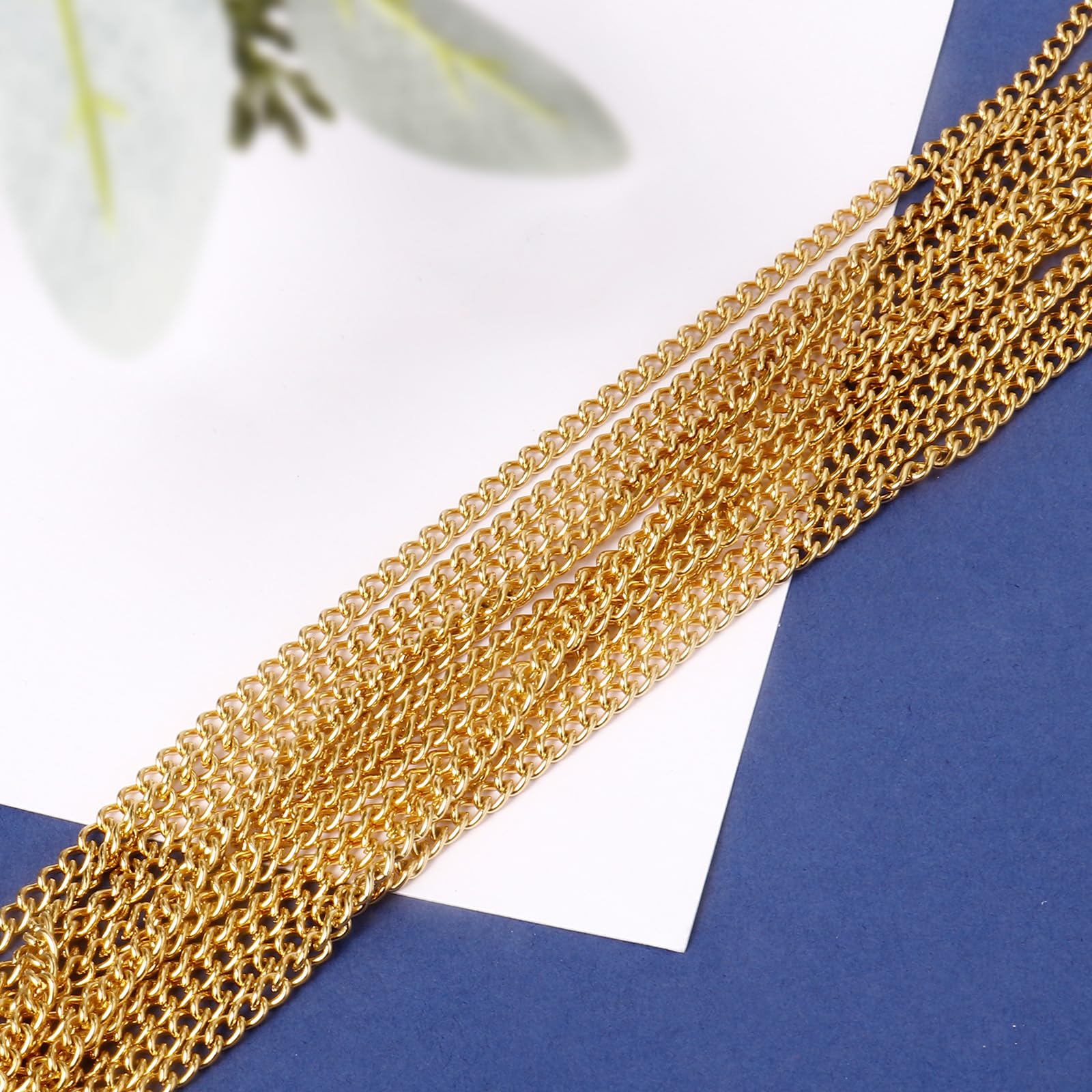 Catena barbazzale placcata in oro 18 K, lunghezza 3 m, 3 mm, per la creazione di gioielli fai da te | Catena a maglia barbazzale piatta in acciaio inossidabile 304 color oro per la creazione di gioielli