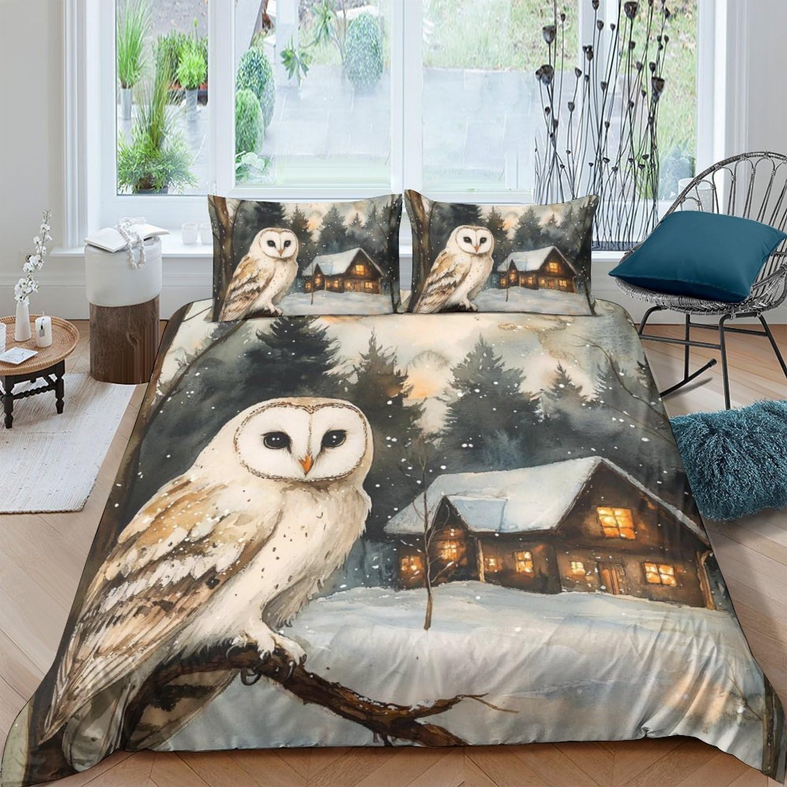 Ctjqhvkz Style-8 3D Printed Snowy Owl Fitted Sheet Microfiber Soft Forest Cabin Bed Cover For Bedroom Dorm Mattress Protection Decor Single（135X200cm）