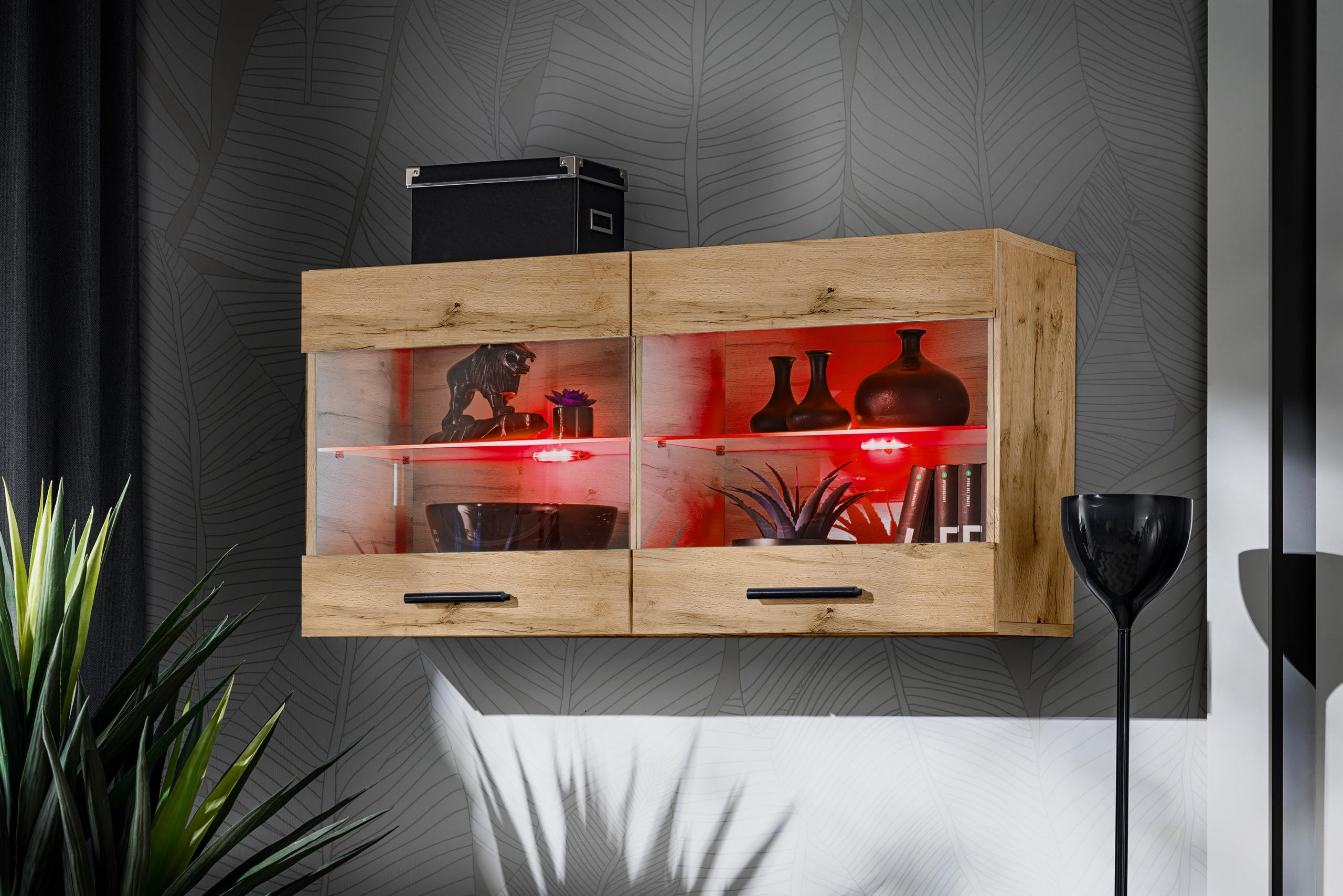 Komodee, Vitrine Schrank Savona, Breite 100cm x Höhe 50cm x Tiefe 30cm, 2 Glasböden, 2 Türen, für Wohnzimmer, Küche