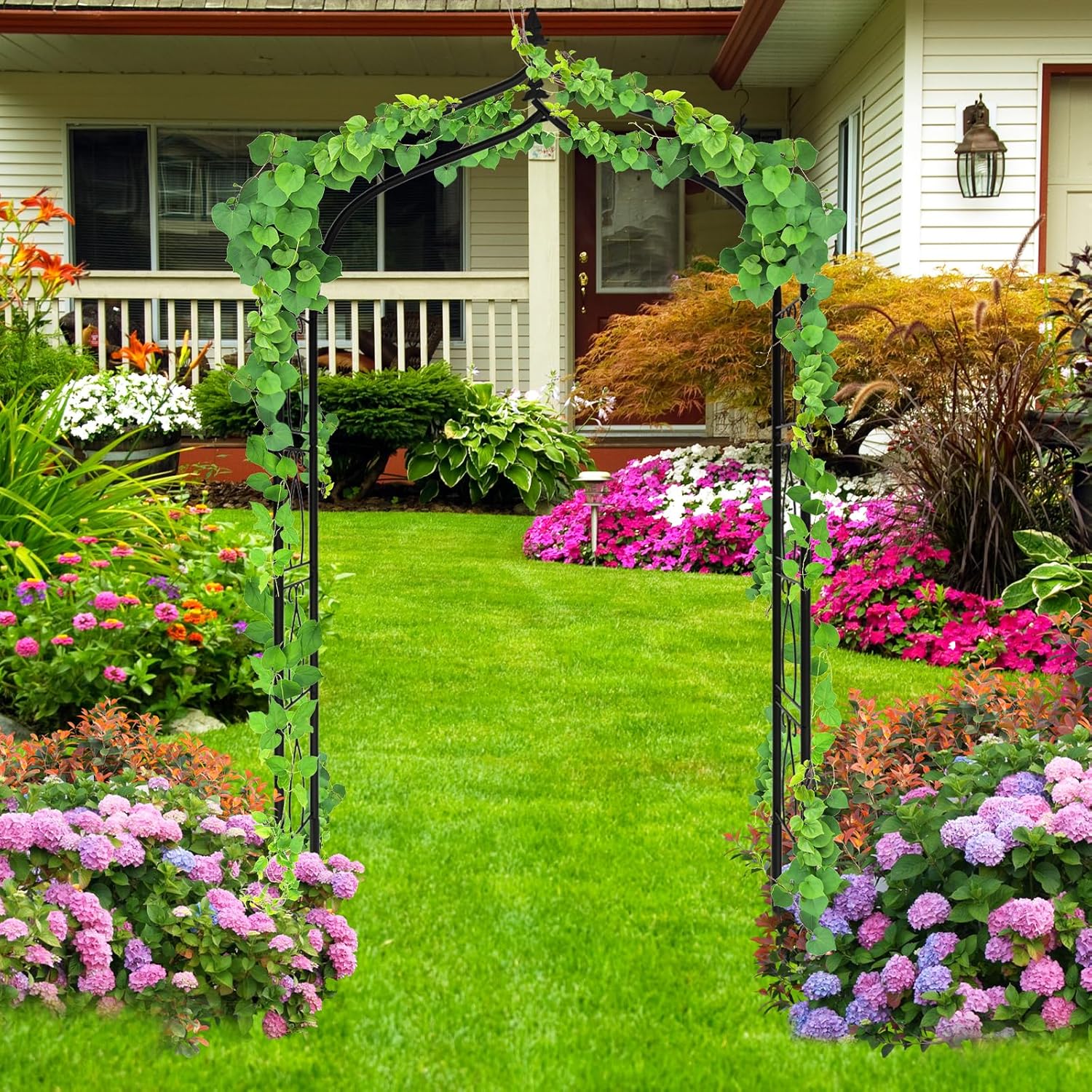 OUSHENG 8FT Garden Arch Trellis, Outdoor Steel Arbor for Climbing Plants, Archway Frame Stand Gate for Wedding Ceremony Decoration Party Vines Lawn Courtyard Patio Backyard