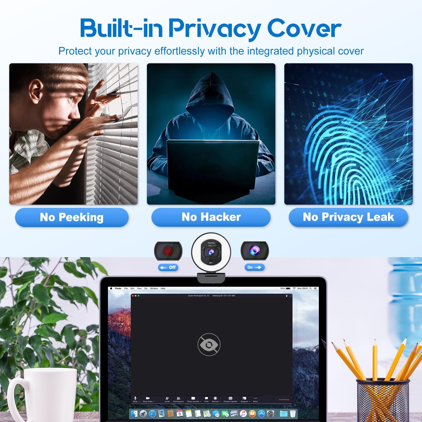 Webcam 4K con anello luminoso Web Cam 4K autofocus con TOF Computer Camera 1080P 60FPS Web Camera Copertura privacy integrata e microfono Streaming Webcam per Switch 2/Zoom/Skype/Google Meet Nero