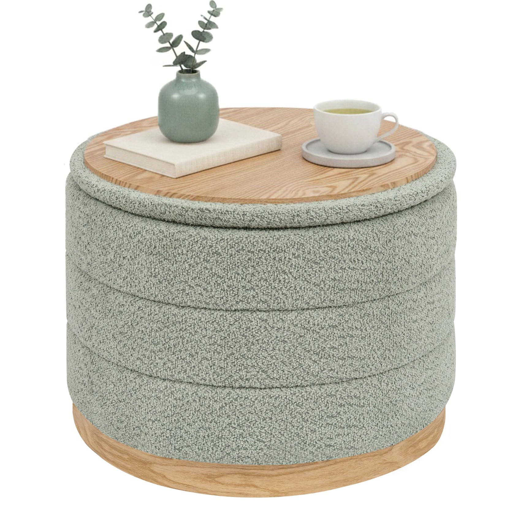 Bonlife Round Chenille Storage Ottoman, Folding Footstool with Table Top, 58x58x44cm, Load Capacity 150kg, for Living Room Bedroom Hallway,Wood-grain Synthetic Leather Base,Sage