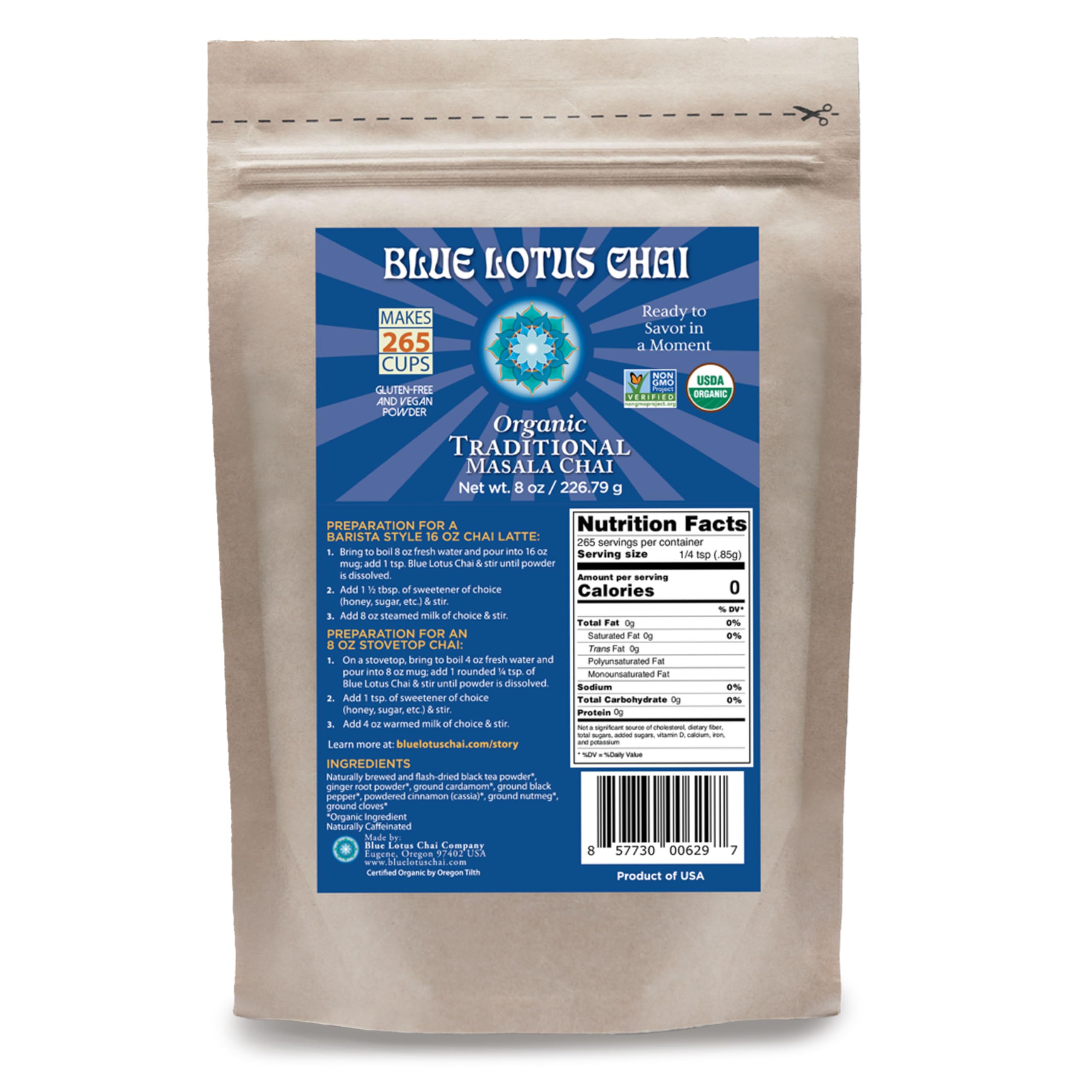 Sponsored Ad - Blue Lotus Chai – Fully Organic Traditional Masala Chai - Makes 265 Cups – Just Add Hot Water, No Steeping, No Gluten - 8 Ounce Masala Spiced Chai Powder with Organic Spices – Authentic Indian Tea