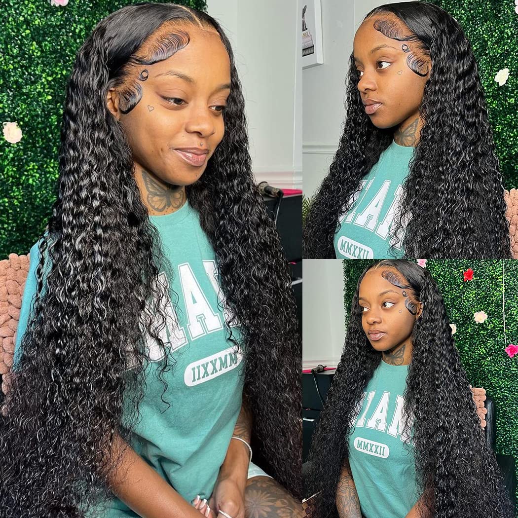 HD Lace Front Wigs For Black Women Deep Wave Lace Front Wigs Human Hair Pre Plucked Bleached Knots with Baby Hair Glueless 13x4 Brazilian Virgin Lace Wigs Human Hair Deep Wave Curly Lace Wigs(22Inch)