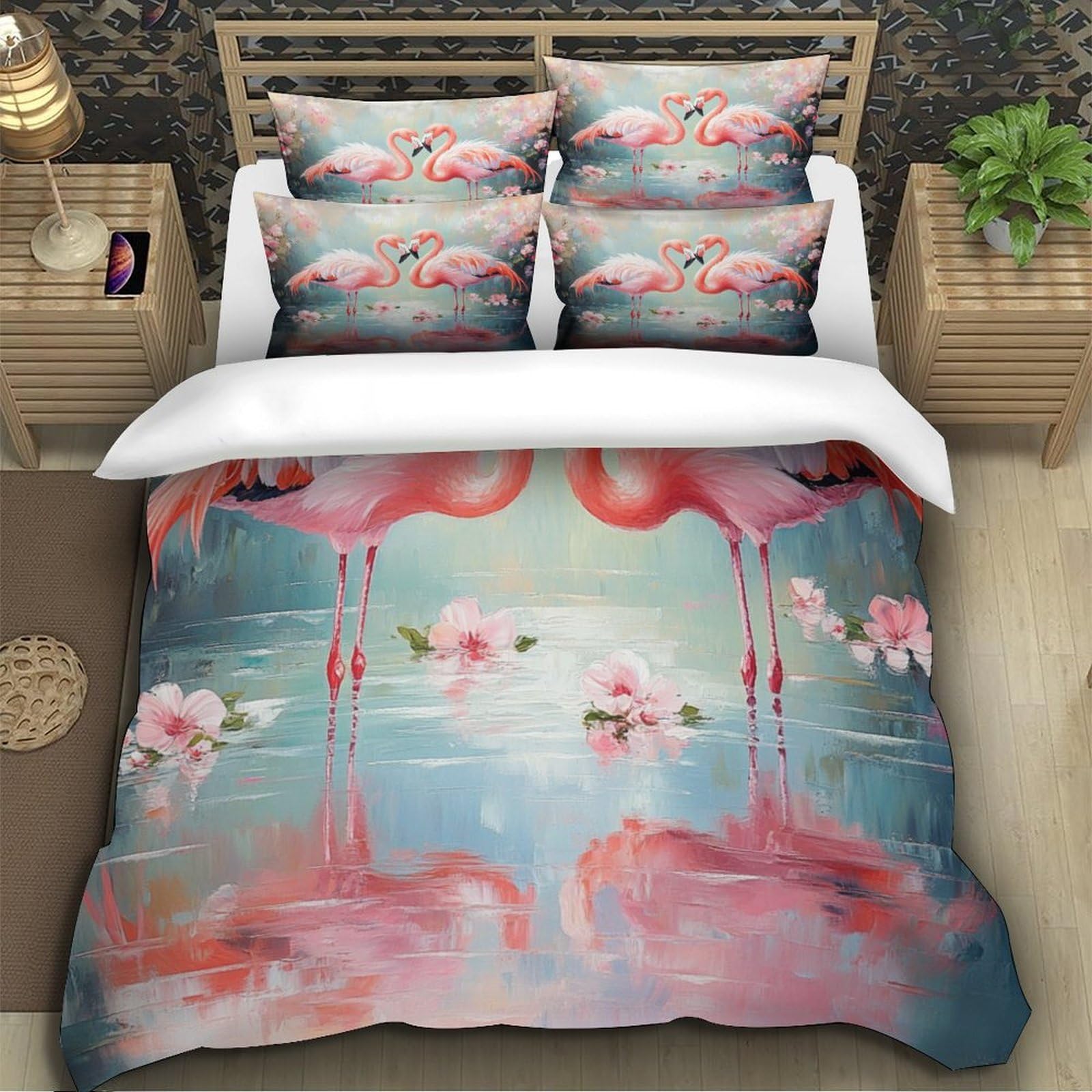 Flamingo-Pärchen 3D-Bedruckt 3er-Set Bettbezug Romantischer Aquarellstil Bettdeckenbezug Mikrofaser Hypoallergen Reißverschluss für Kleinkinder Jugendliche Frauen Super King（260x220cm）