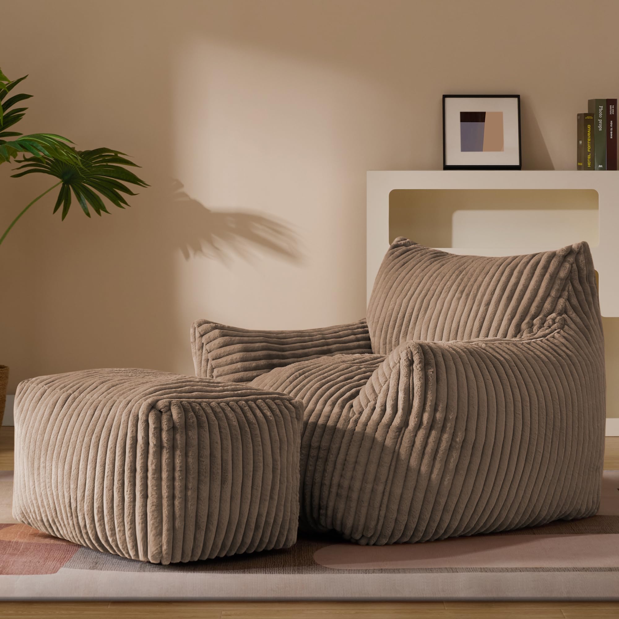 Busaurus / Gericco (FENFIR INC) Gericco Oversized Bean Bag Chaise Lounge Chair Indoor for Adults with Armrests & Ottoman - Giant Comfy Khaki Beanbag Floor Sofa Cloud Accent Chair for Reading, Gaming, Cozy Plush Cloud Mini Couch