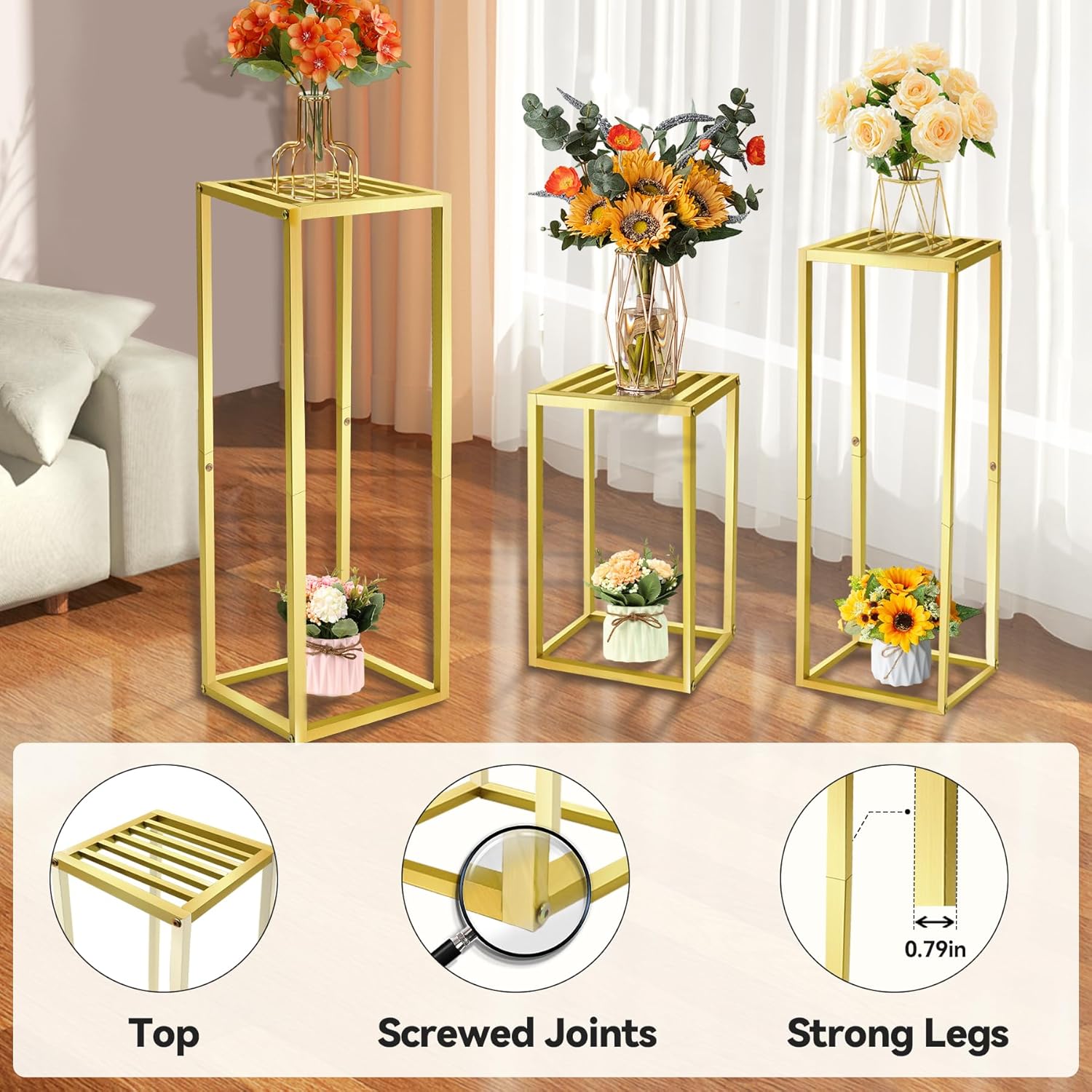 Cylinder Pedestal Stands for Party & Plant,3pcs Square Gold Metal Wedding Flower Display Stand for Centerpieces,15.7/23.6/31.5 inch Tall 15.7in+23.6in+31.4 in