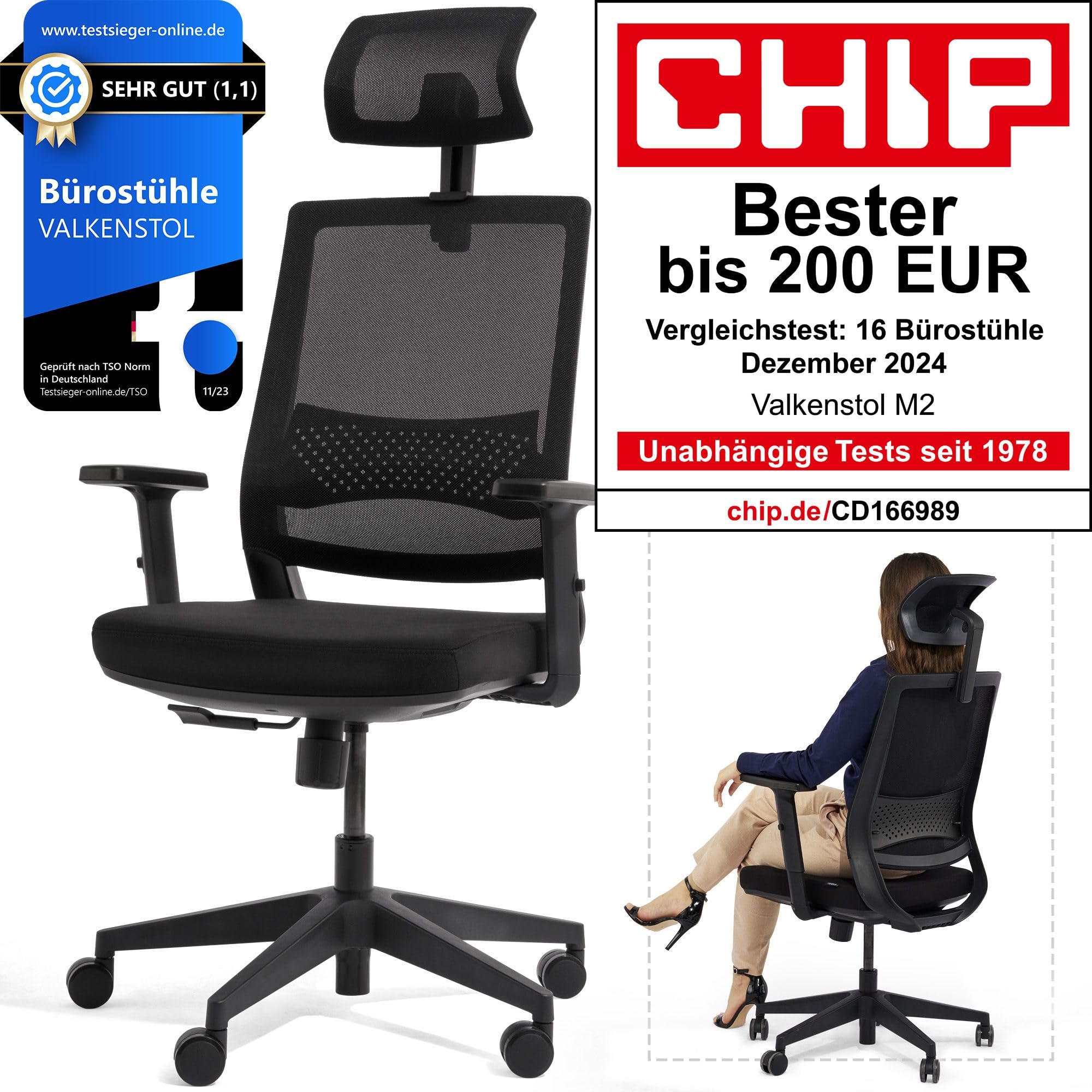 VALKENSTOL M2 Bürostuhl Ergonomisch Testsieger – Höhenverstellbarer Schreibtischstuhl bequem mit Lendenwirbelstütze, Atmungsaktiver Netzrücken, 360° Drehstuhl, Bürostühle Büro und Home Office Chair