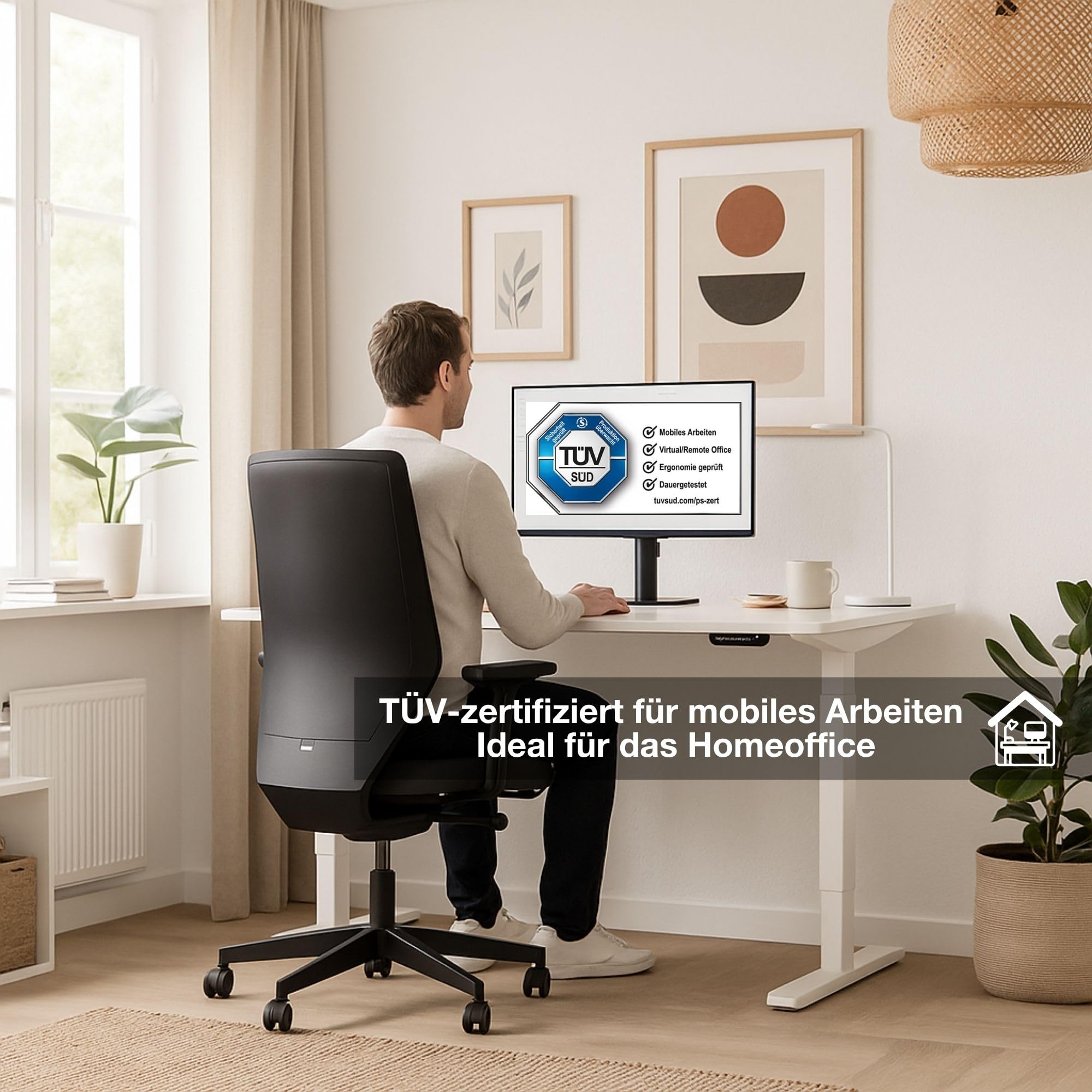 ASSMANN Höhenverstellbarer Schreibtisch elektrisch, 180x80cm, TÜV-geprüft | stufenlos verstellbar mit Aufprallschutz, ergonomischer Schreibtisch Made in Germany, abgerundete Ecken, Eiche Tabak/Schwarz