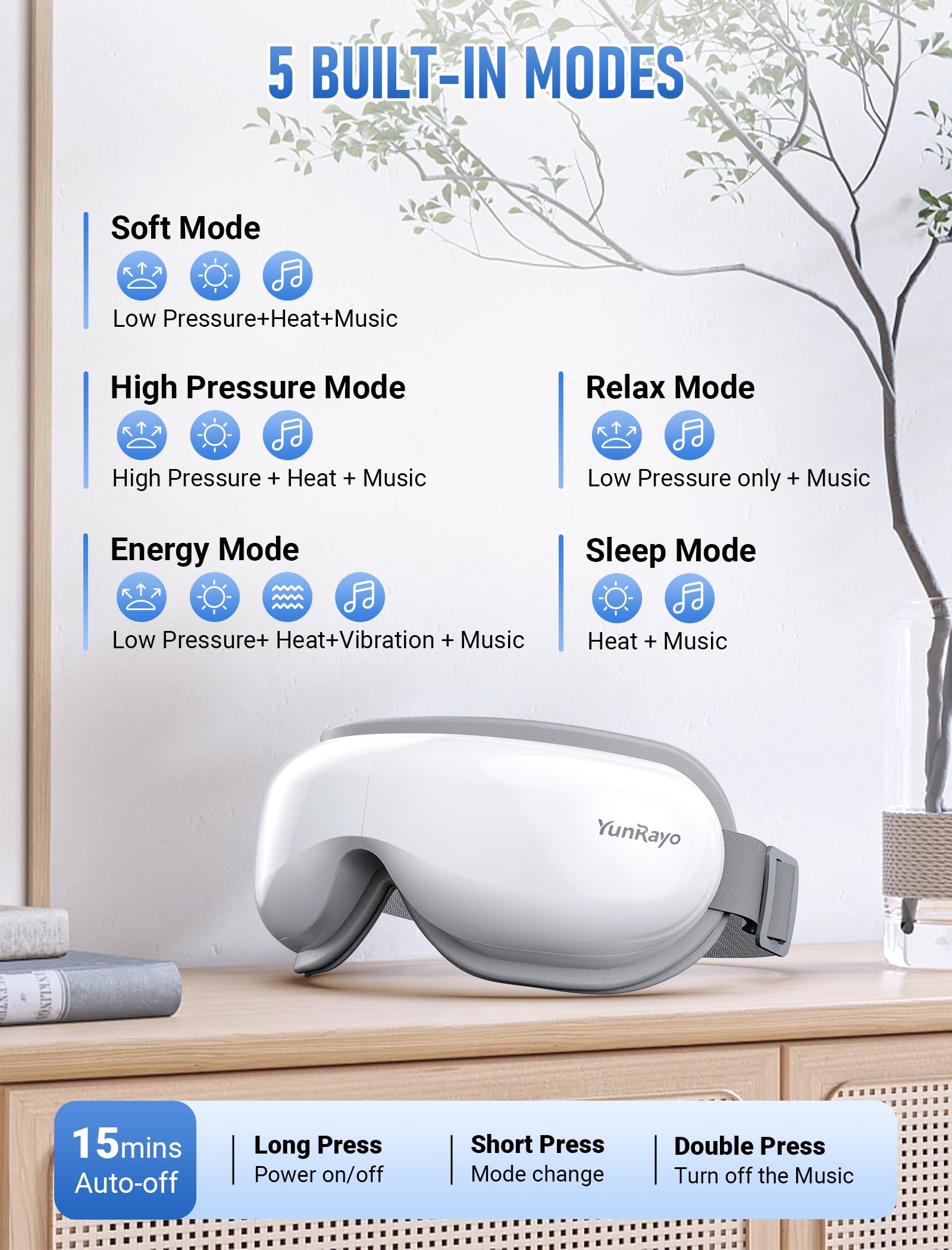Masseur des yeux avec musique Bluetooth, chauffage et vibrations - Masque de massage sans fil pour soulager les yeux secs, la fatigue oculaire et les maux de tête, favoriser le sommeil