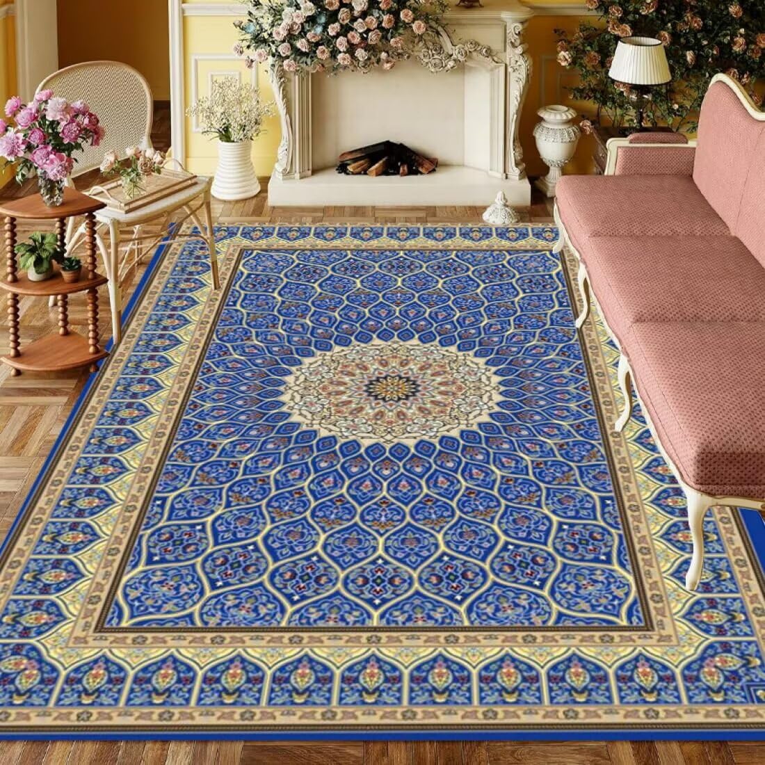 Tapis enfant bleu 180x260cm avec motif fleur géométrique et chat