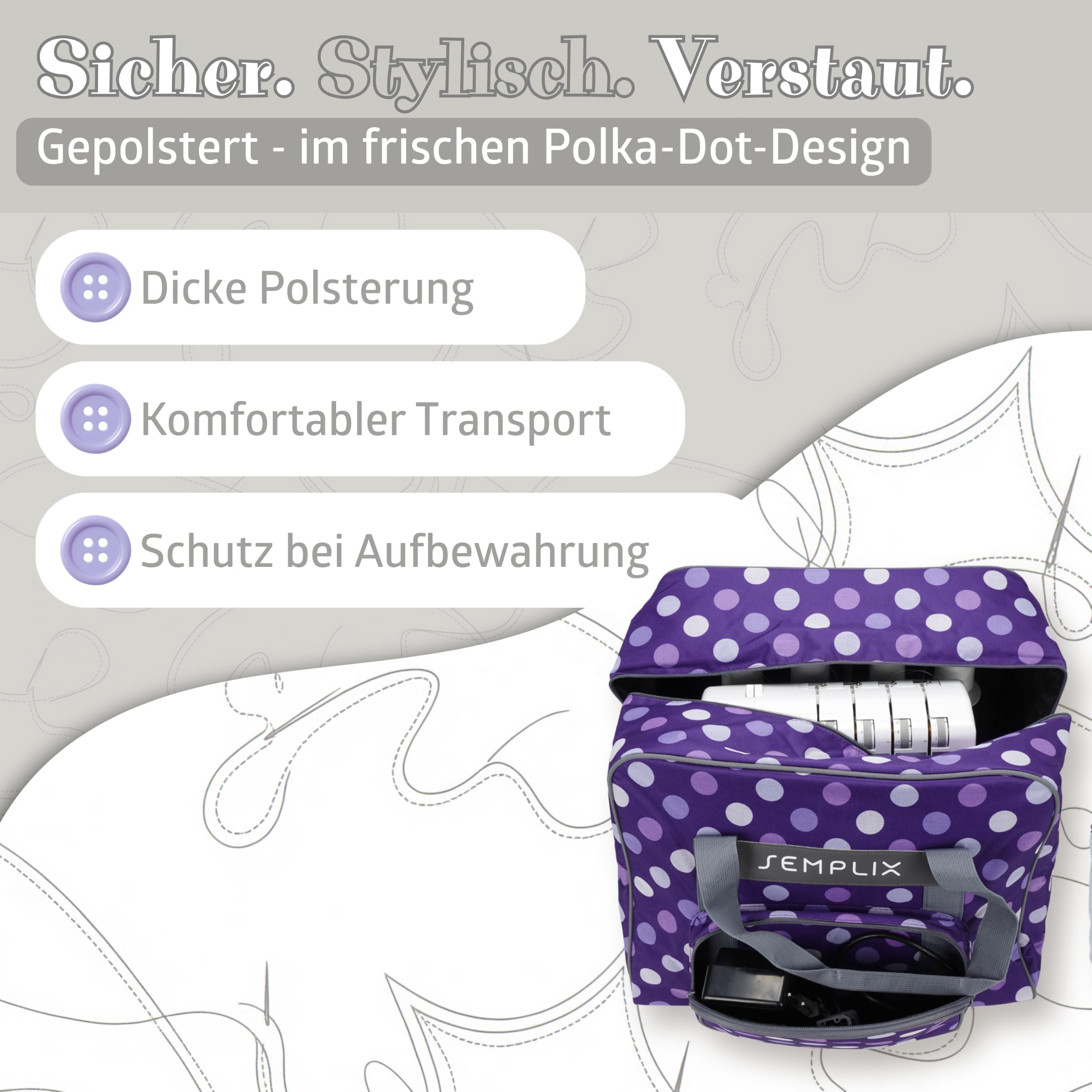 SEMPLIX Overlocktasche/Coverlocktasche Polka Dots, Groß, Stabil, für Transport/Aufbewahrung Aller gängiger Maschinen, Lila/Flieder 44x38x33 cm