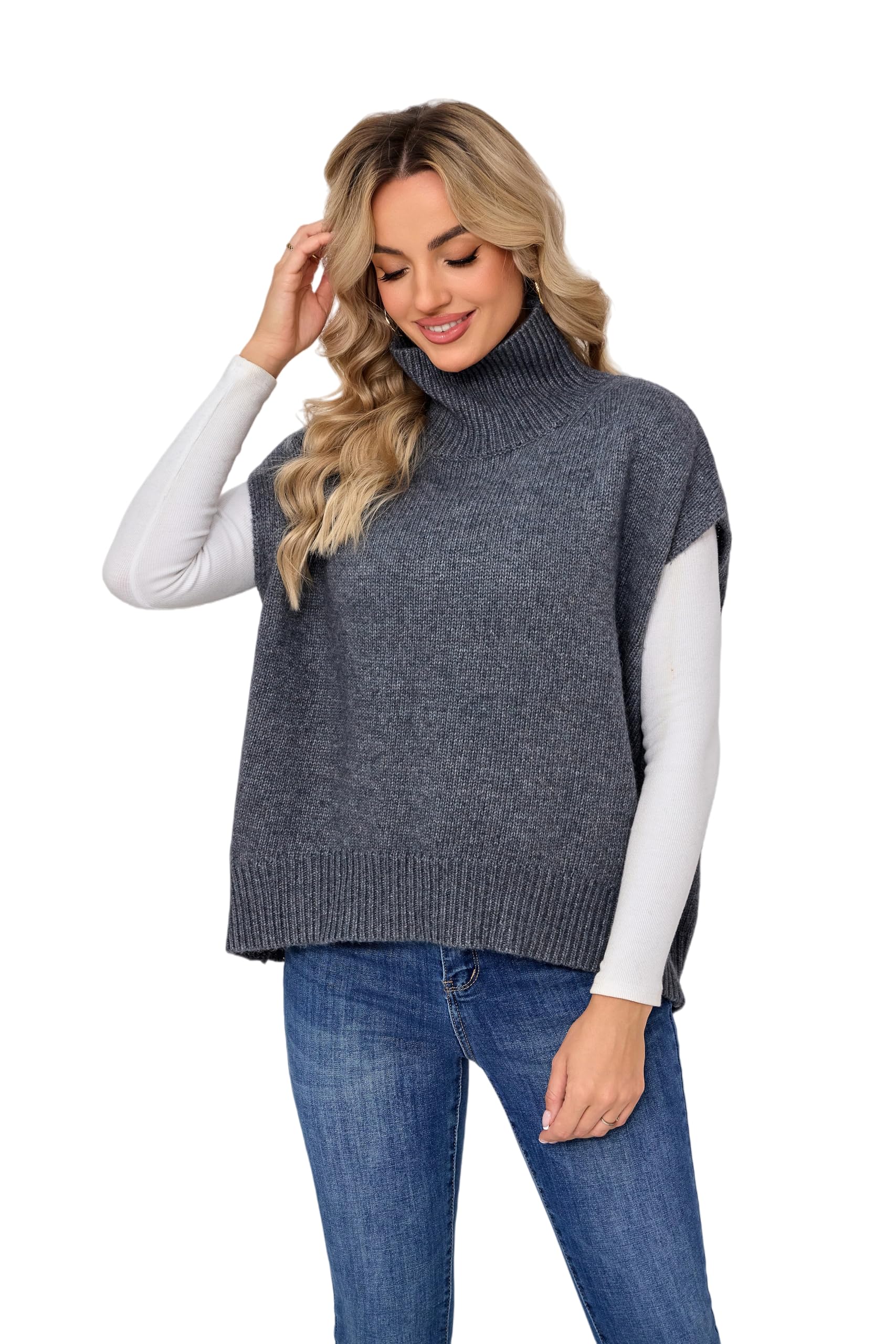 Womens Fall Outfits Sweater Vest Mock Neck Wool Sleeveless Knit Tops Cozy Old Money Pullover Winter Oversized Clothes