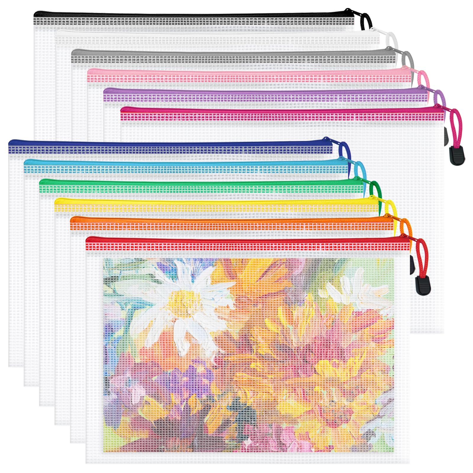 12pcs Mesh Zipper Pouch Bags, Waterproof A4 Letter Size Puzzle Bag for Organizing, Storage, Board Games and Office Supplies, 12 Colors