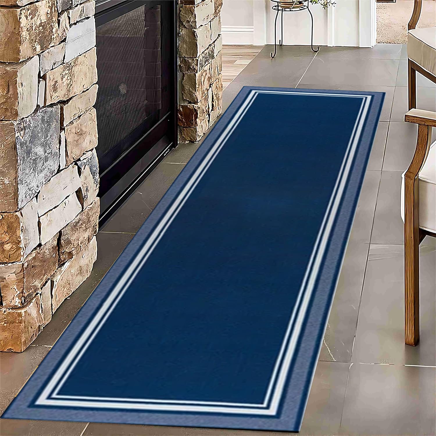Modern Bordered Runner Rug,3.3x10ft, Kitchen Runner Rugs, Non-Slip Runner Carpet Entrances and Hallways,Navy Blue and White Modern Border Pattern,