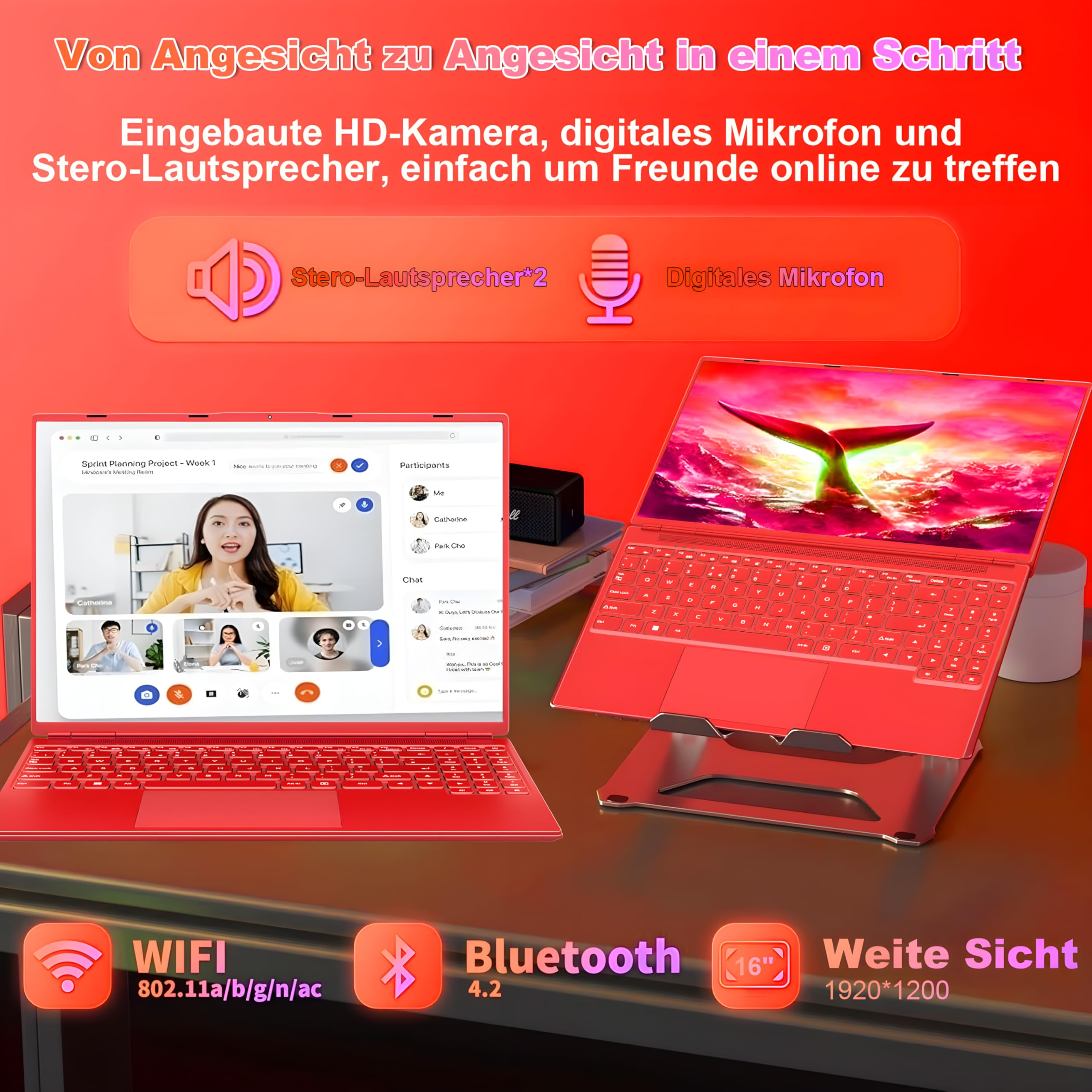 Gaming Laptop 16 Zoll Win 11 Notebook 12+512GB SSD Unterstützung 1TB | 1920x1200 Notebook 4-Core Celeron N5095 (bis 2.9GHz) Laptop mit Nummerntastatur WiFi Mini HDMI Deutscher Tastaturschutz-Red
