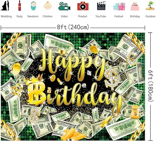 Miniatura 5 de Fondo de cumpleaños de 7 x 5 pies para fiesta de dinero, fondo de billetes de dólar, fondo de hip hop, para niños, niñas y hombres, accesorios para