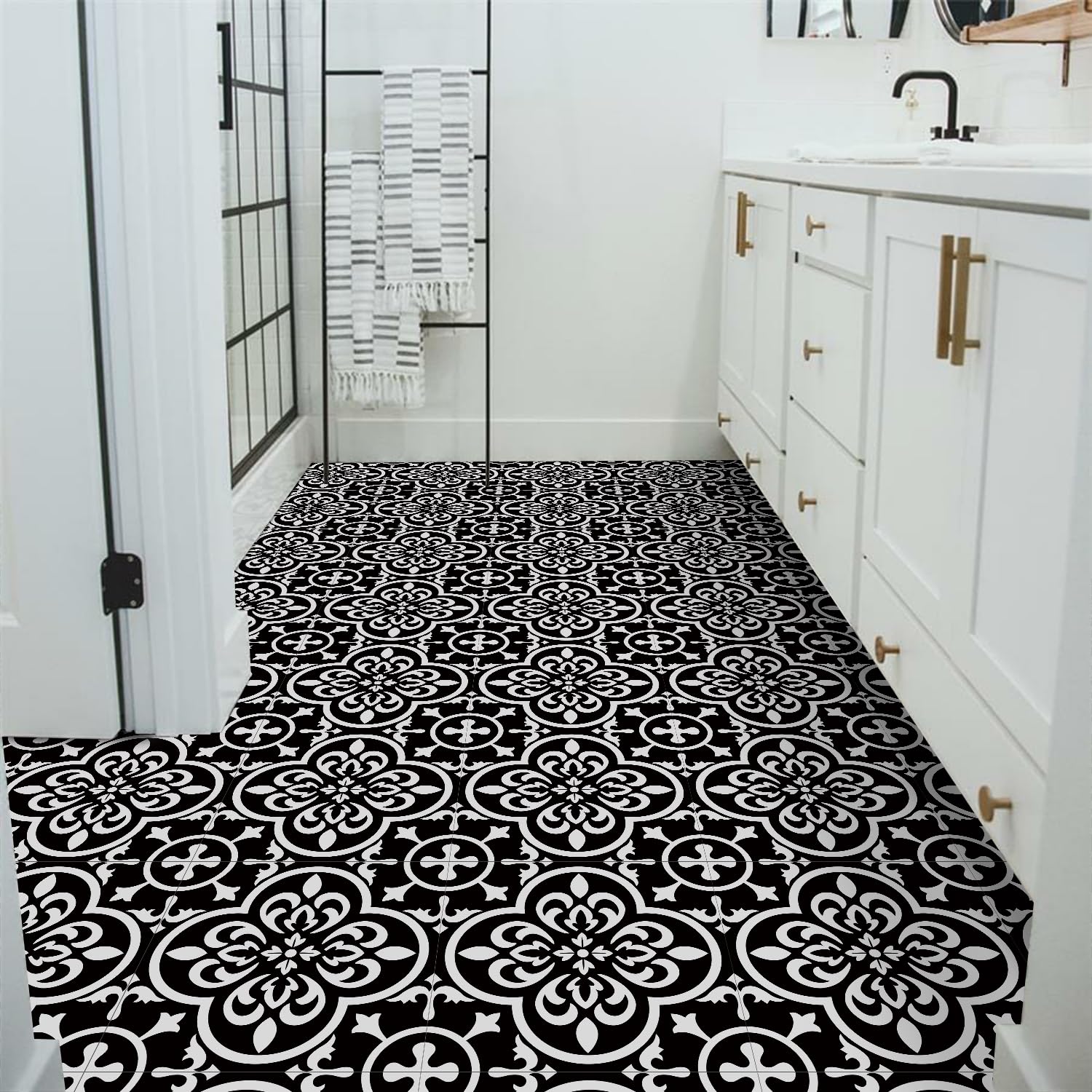 Tile Stickers Black Mandala Bathroom PVC Stick on Tiles Self Adhesive Durable Kitchen Wall Peel and Floor 20x20cm/10 pcs