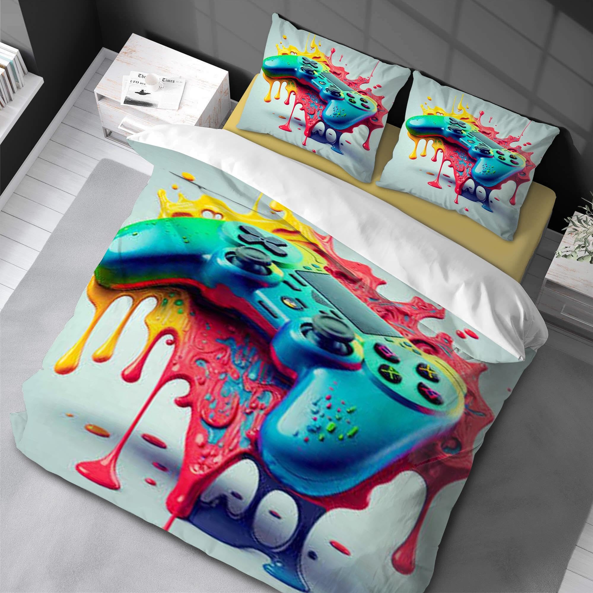 Parure de lit 220x240 cm 3D Gamepad avec housse de couette et taies d'oreiller