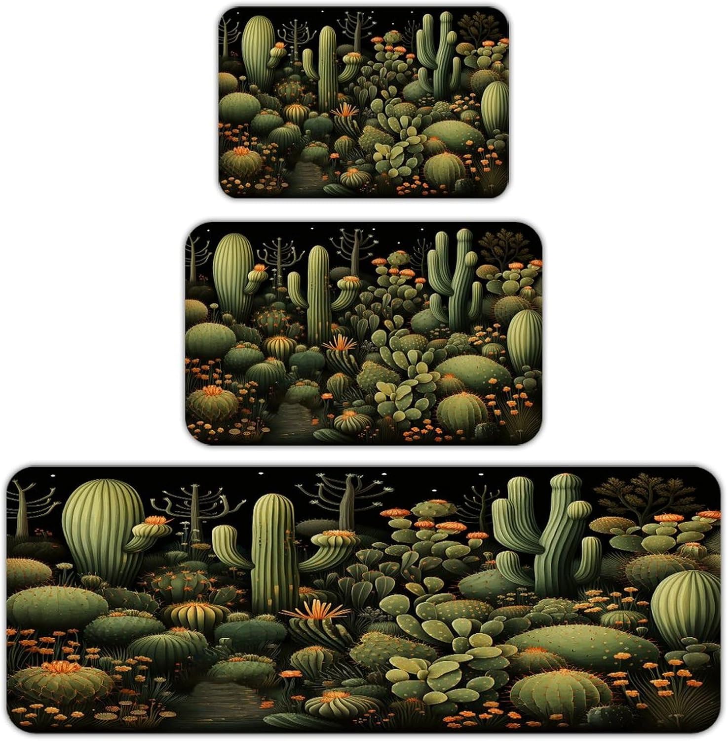 Green Cactus Kitchen Mat Set of 3 Waterproof Floor Mats Non-Slip Kitchen Rugs Premium Flannel Rug Heavy Duty Standing Mat for Kitchen Home Bathroom Laundry