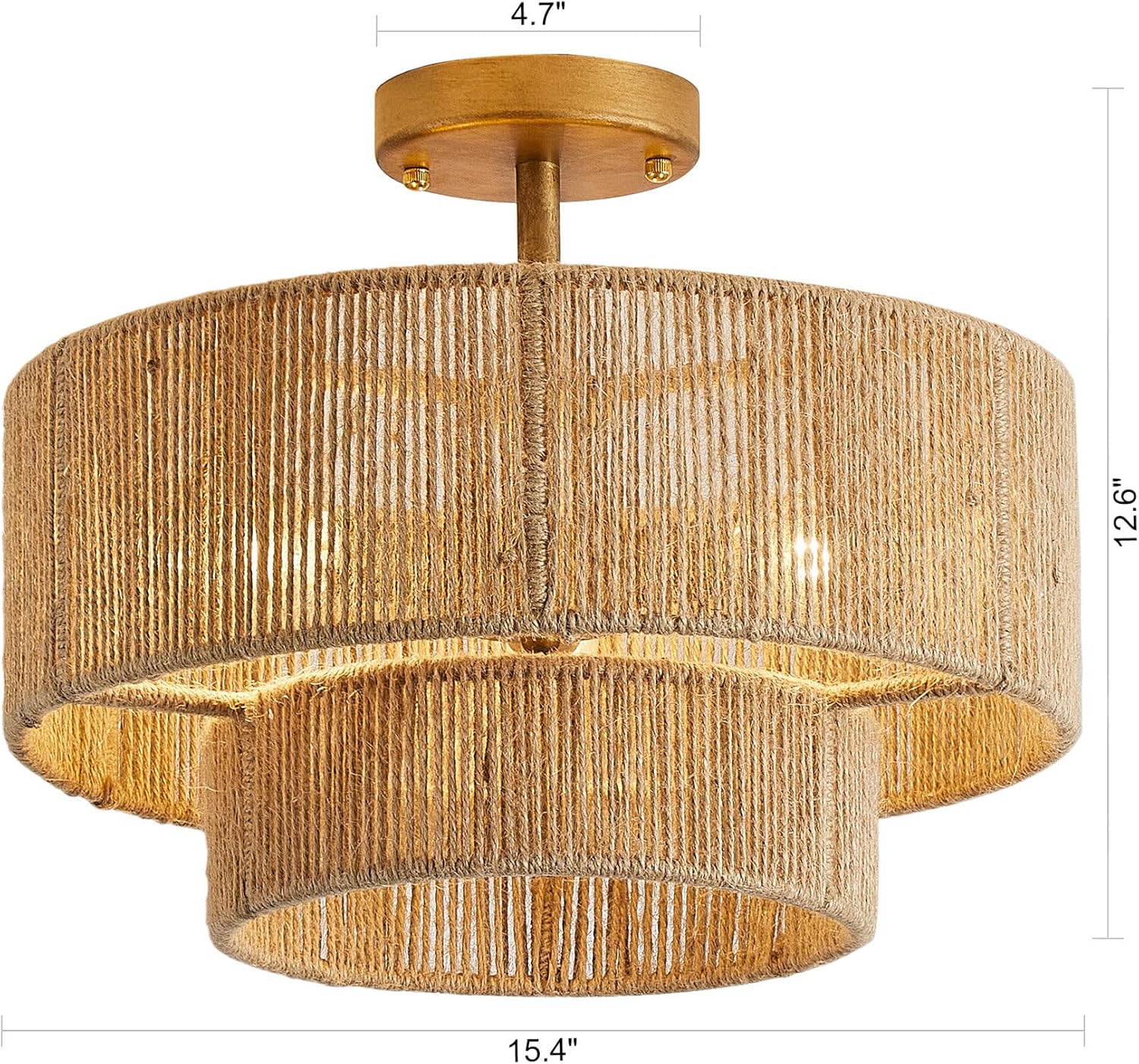 Boho Ratten Ceiling Light, 24 Inch Gold Rustic Farmhous Chandelier, Double Layer Coastal Caged Chandeliers Ceiling Lights for Indoor Dining Room Living Room Bedrooms