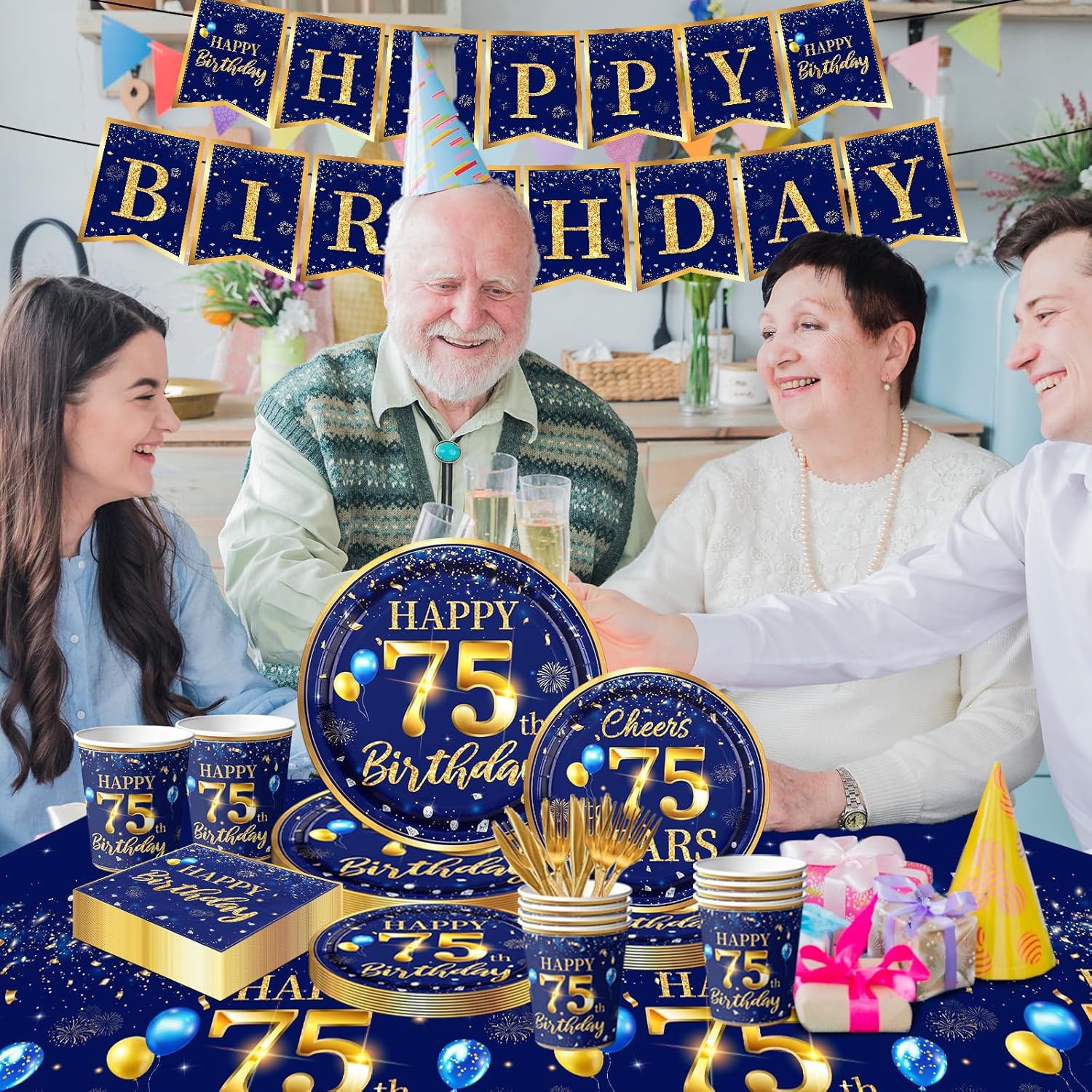 75th Birthday Decoration Men-142pcs Navy Blue and Gold Birthday Tableware Set(Serve for 20) Include Happy 75th Birthday Banner Plates Cups Napkins Tablecloth for Men 75th Birthday Party Supplies( (75)
