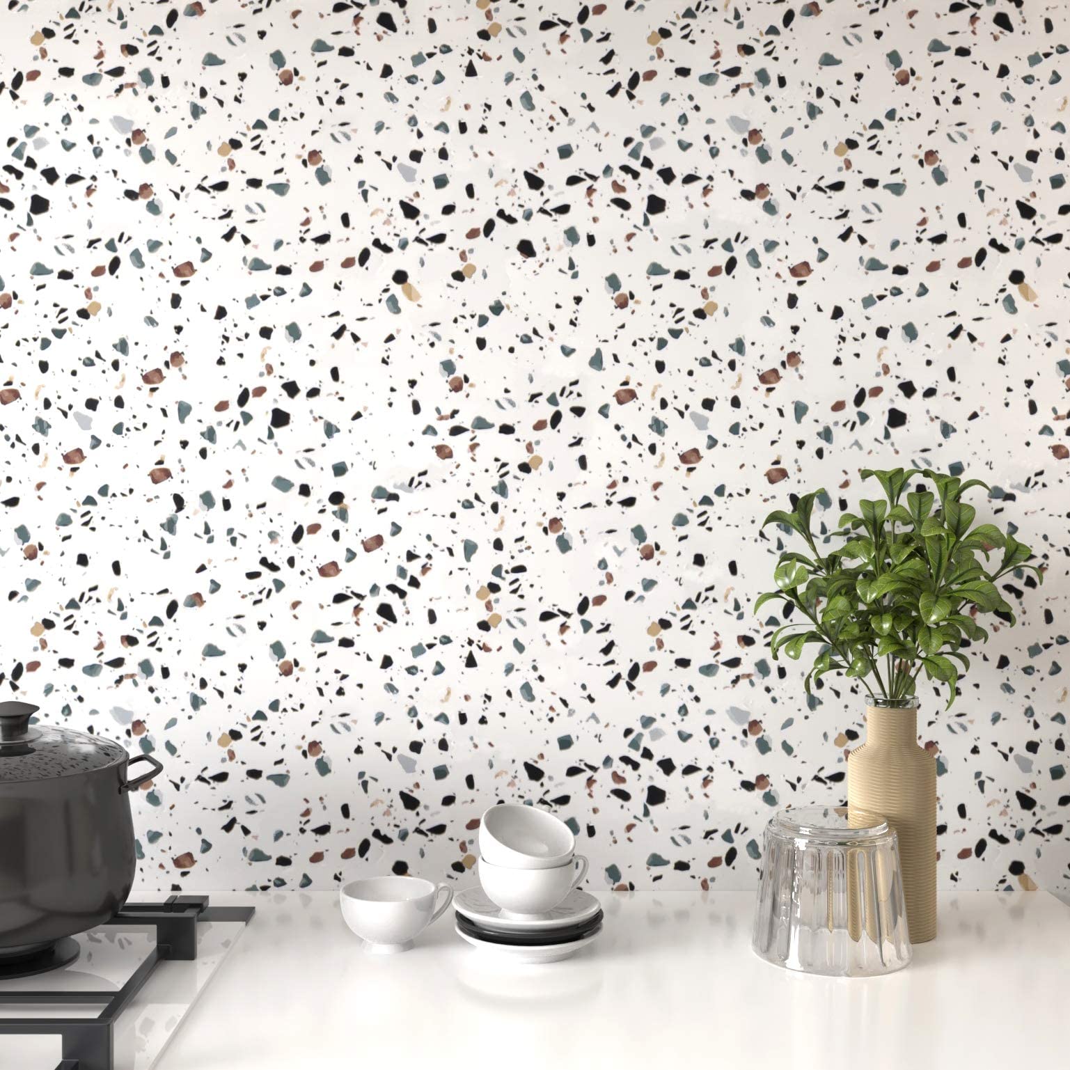 LACHEERY Terrazzo Pellicola Adesiva per Mobili Effetto Granito Bianca Cucina 40cm x 700cm Impermeabile Carta Adesiva per Mobili Opaca Vinile Autoadesiva Rotolo Pellicola Decorativa per Armadio Porta