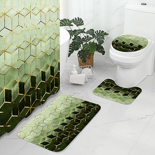 Miniatura 2 de Gibelle Juego de 4 cortinas de ducha de baño con alfombras antideslizantes, cubierta para tapa de inodoro y tapete de baño, líneas doradas cúbicas