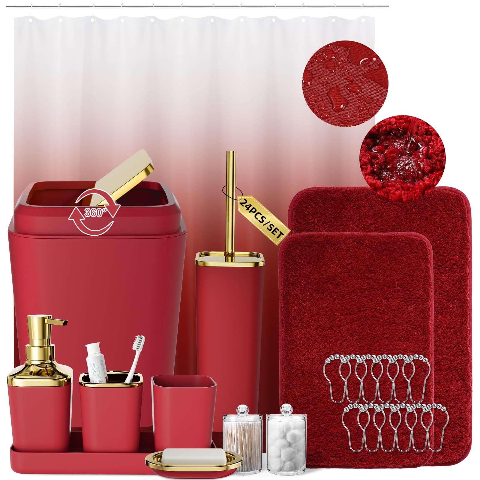 XLHOMO Burgundy Bathroom Accessories Set with Shower Curtain and Rugs, Dark Red Bathroom Accessories with Trash Can,Toothbrush Holder and Cup,Soap Dispenser,Tray,Soap Dish,Toilet Brush,Qtip Holders