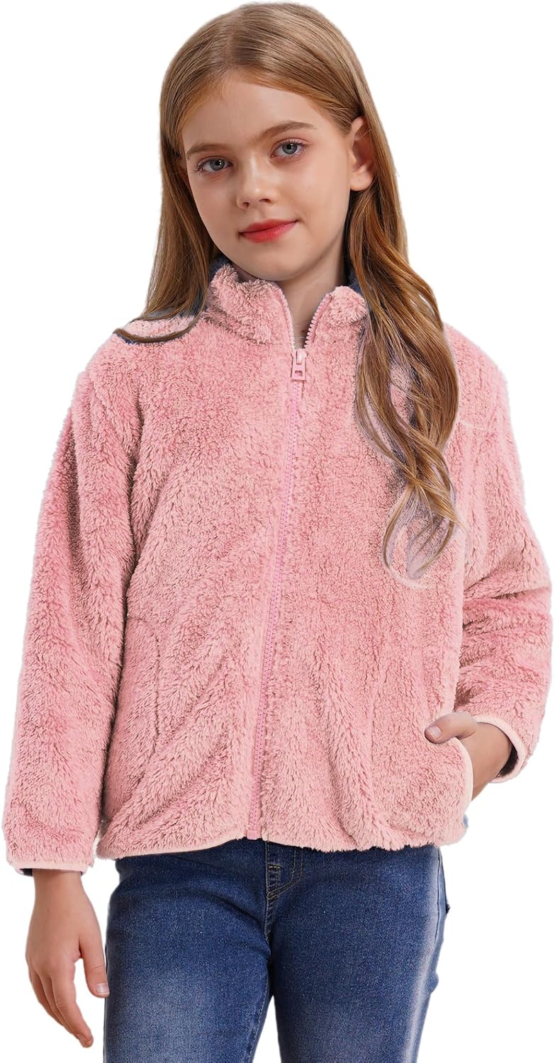 Girls Fleece Sherpa Jacket Full Zip Coat Long Sleeve Sweatshirt Outwear Cardigan Overcoat Fall Winter Snowsuit