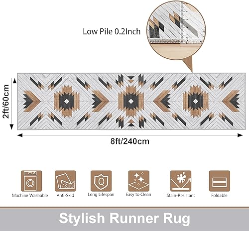 Miniatura 2 de Tyrot Alfombra bohemia estilo azteca para pasillo, alfombra de pasillo lavable de cocina antideslizante, tapete geométrico marroquí, para
