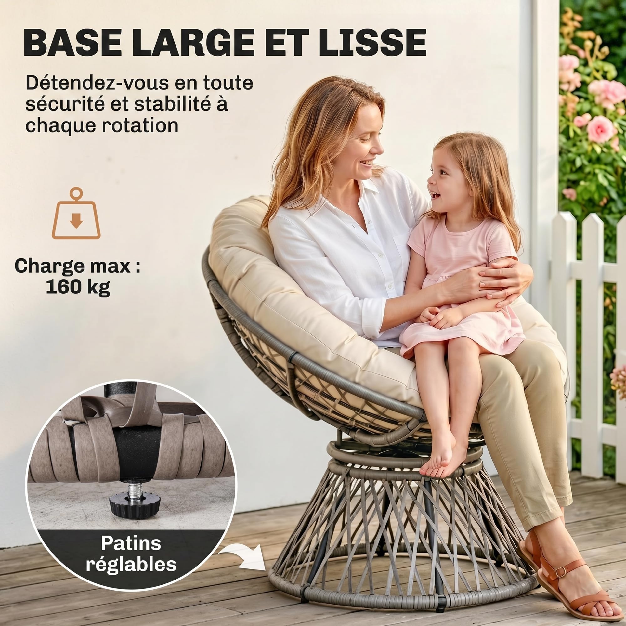 Outsunny Fauteuil Rond de Jardin Fauteuil papasan pivotant Grand Confort Ø 97 x 90H cm Grand Coussin fourni Polyester résine tressée crème