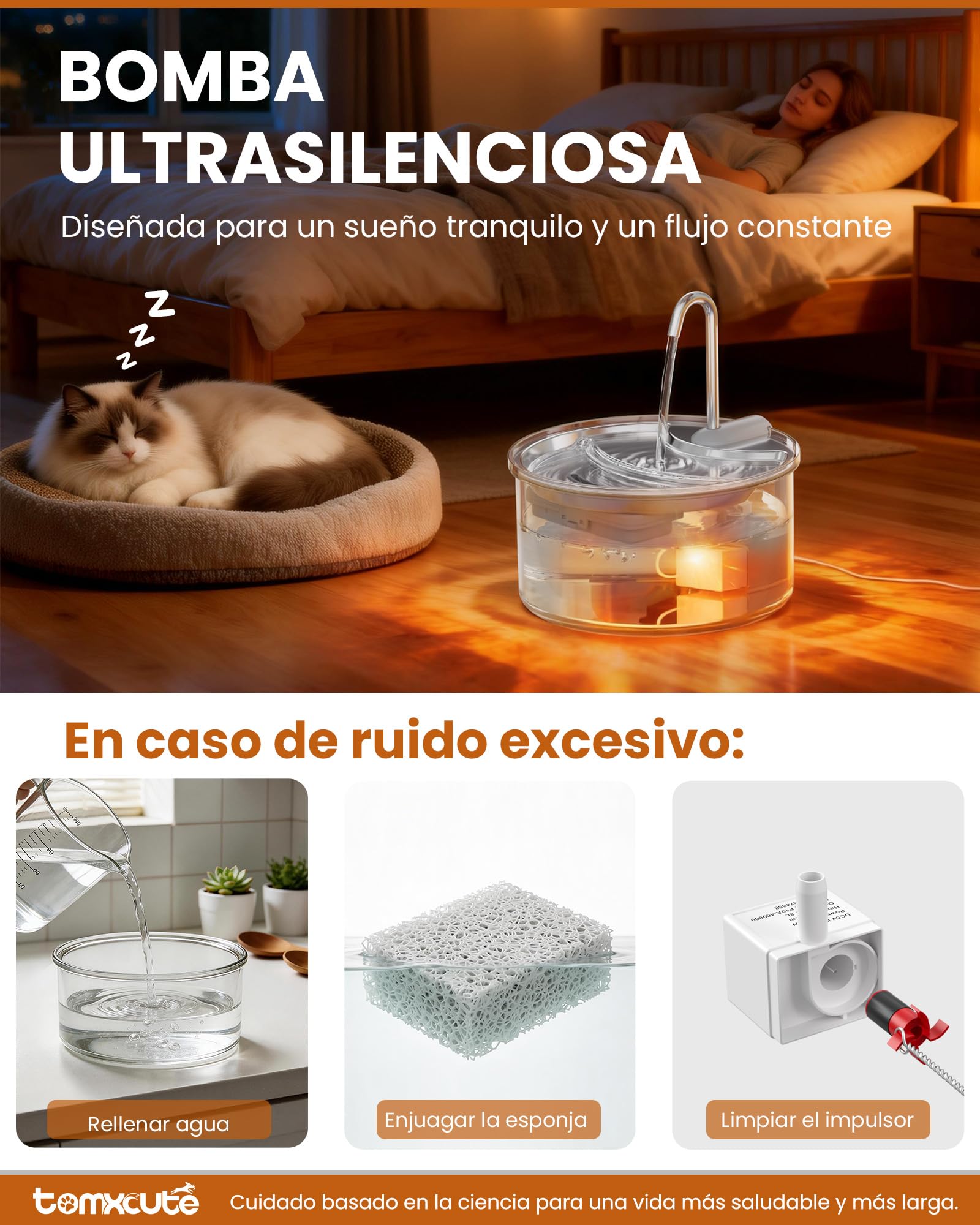 TOMXCUTE Fuente Gatos Cristal 2,5L con Nivel Visible 360° | Vidrio transparente, luz cálida, bomba silenciosa y 3 filtros incluidos para agua fresca