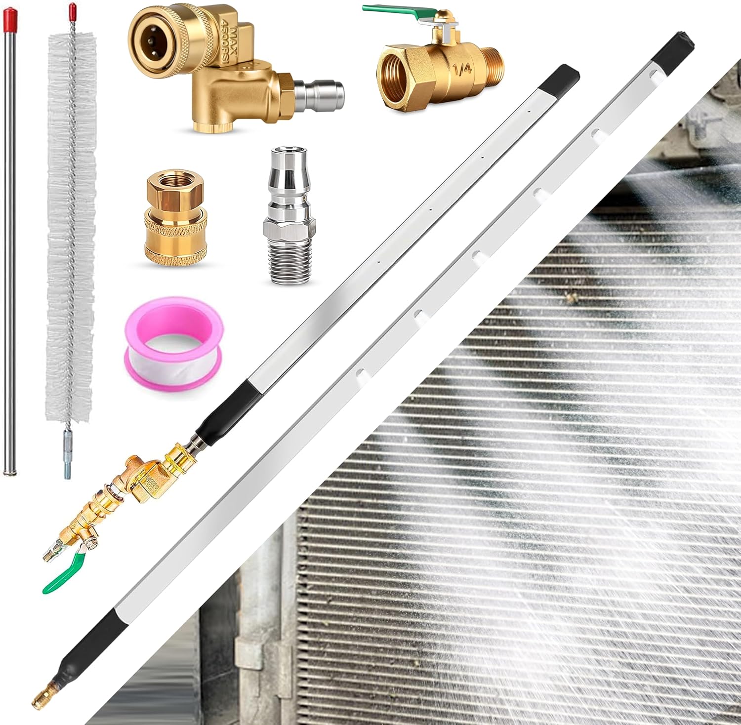 Radiator Cleaning Wand 47" & 24", Pressure Washer Wand Radiator Cleaner w/25°Fan Nozzle, 4500 PSI Water/Air Dual Radiator Cleaning Tool with Brush, Quick Coupler, Home Car Truck RVs Power Washer Wand