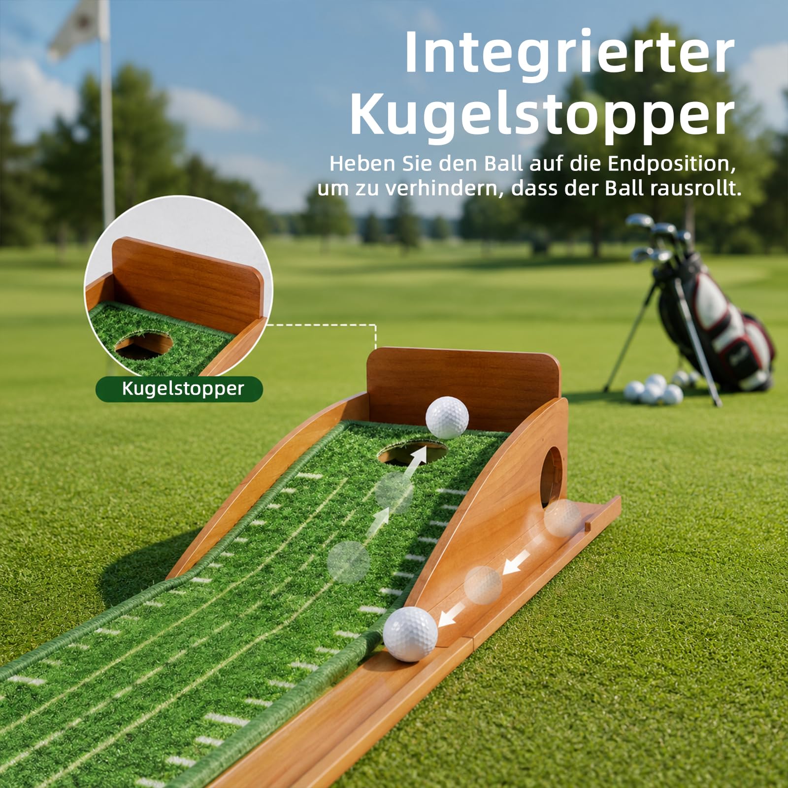 Golf Puttingmatte aus Holz, Minigolf Set für zu Hause, Indoor Putting Green mit Ballrückführung & Anti-Rutsch, 255x25cm Golf Trainingsmatte für Zuhause & Büro