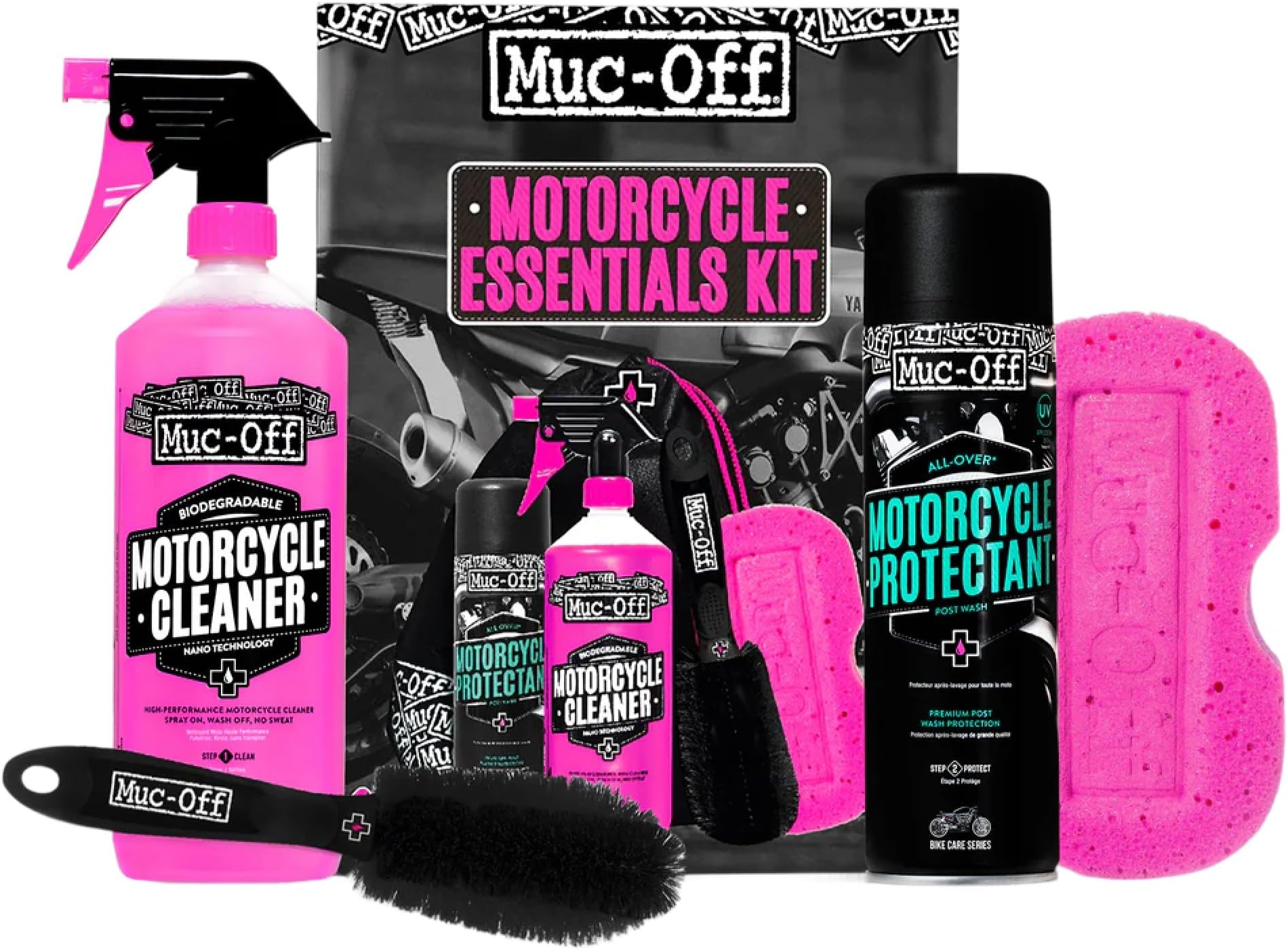 Muc-Off Motorcycle Essentials Kit - Cleaning Bundle with Nano Tech Motorcycle Cleaner, Protectant Spray, Wheel & Component Cleaning Brush, Sponge and Storage Tote