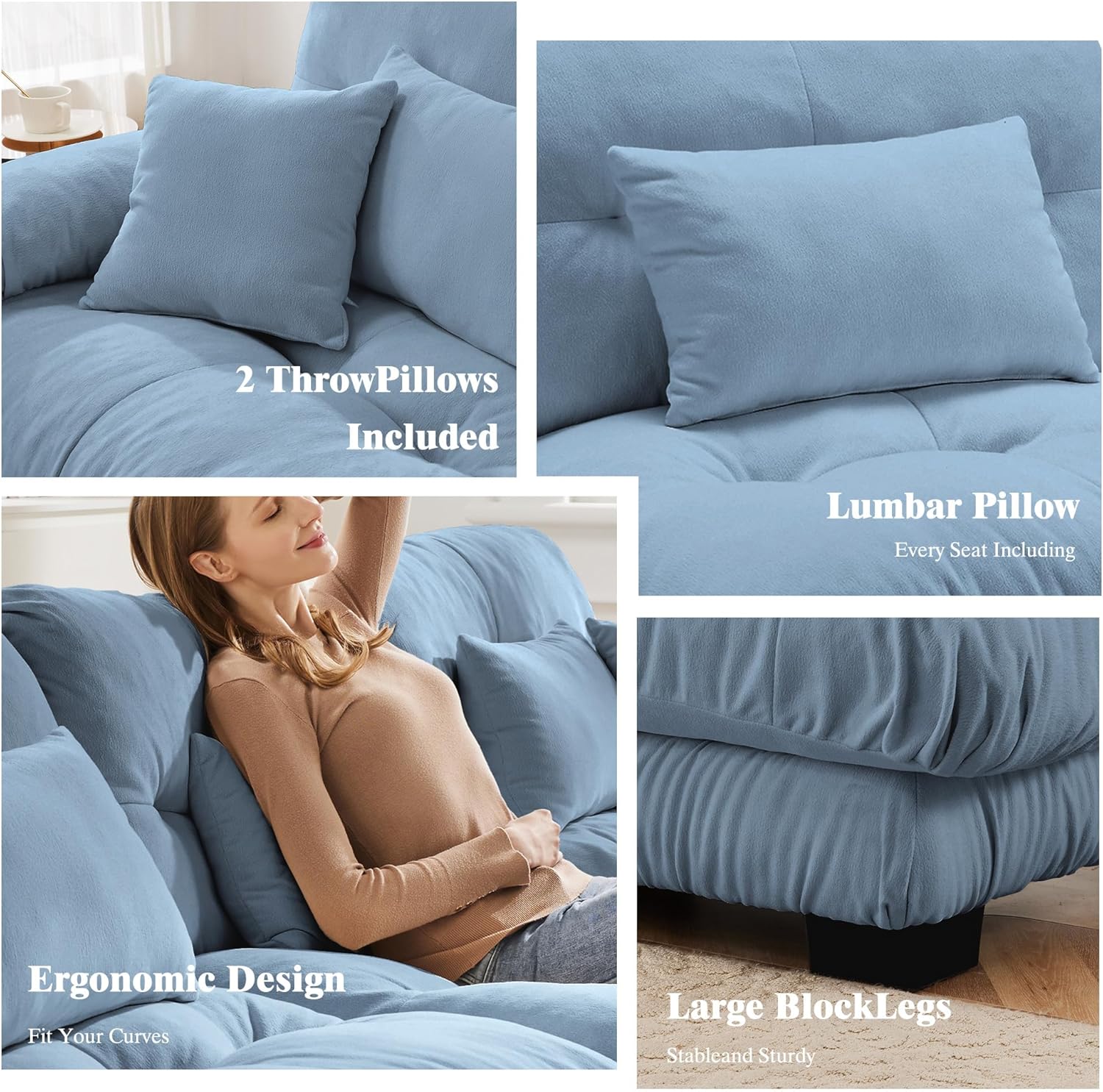 95 inch Modular Sectional Cloud Sofa Couch with Movable Ottoman for Living Room, Corner Loveseat Sofa with Armrests, Deep Seat Couch (Sky-Light Blue, 2 Seat + 1 Ottoman)