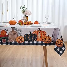 Halloween Tablecloth White with Pampkin Ghost Grave Spiderweb Baffalo Plaid Design - 60x84 Inch Rectangle/Oblong Polyester Table Cover - Water-Repellent, Washable, Reusable, and Durable