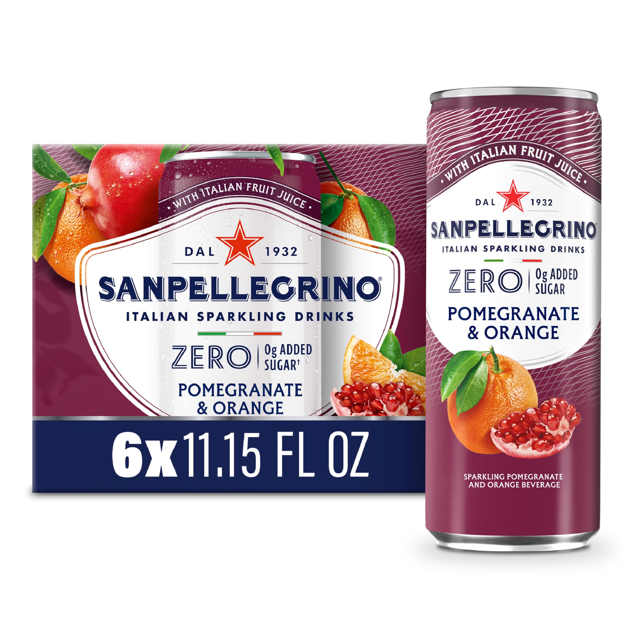 Sanpellegrino Italian Sparkling Drink, Zero Sugar, Pomegranate And Orange, 6 Cans, 11.15 Fl Oz Can
